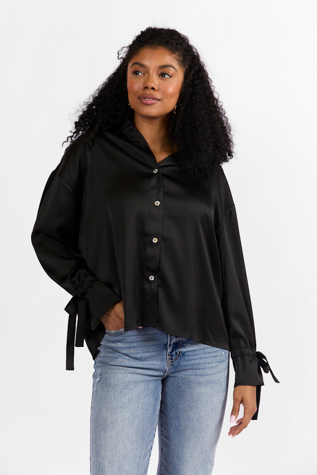 Think It Through Black Bow Cuff Satin Button Down Shirt for Women - Elegant Office Wear & Special Occasion Blouse - Final Sale