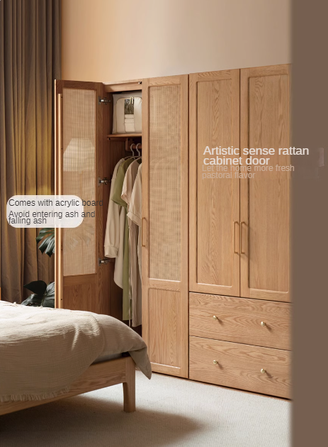 Oak Solid Wood Modular Wardrobe with Rattan Doors - Customizable Closet Storage for Bedroom & Living Room Organization
