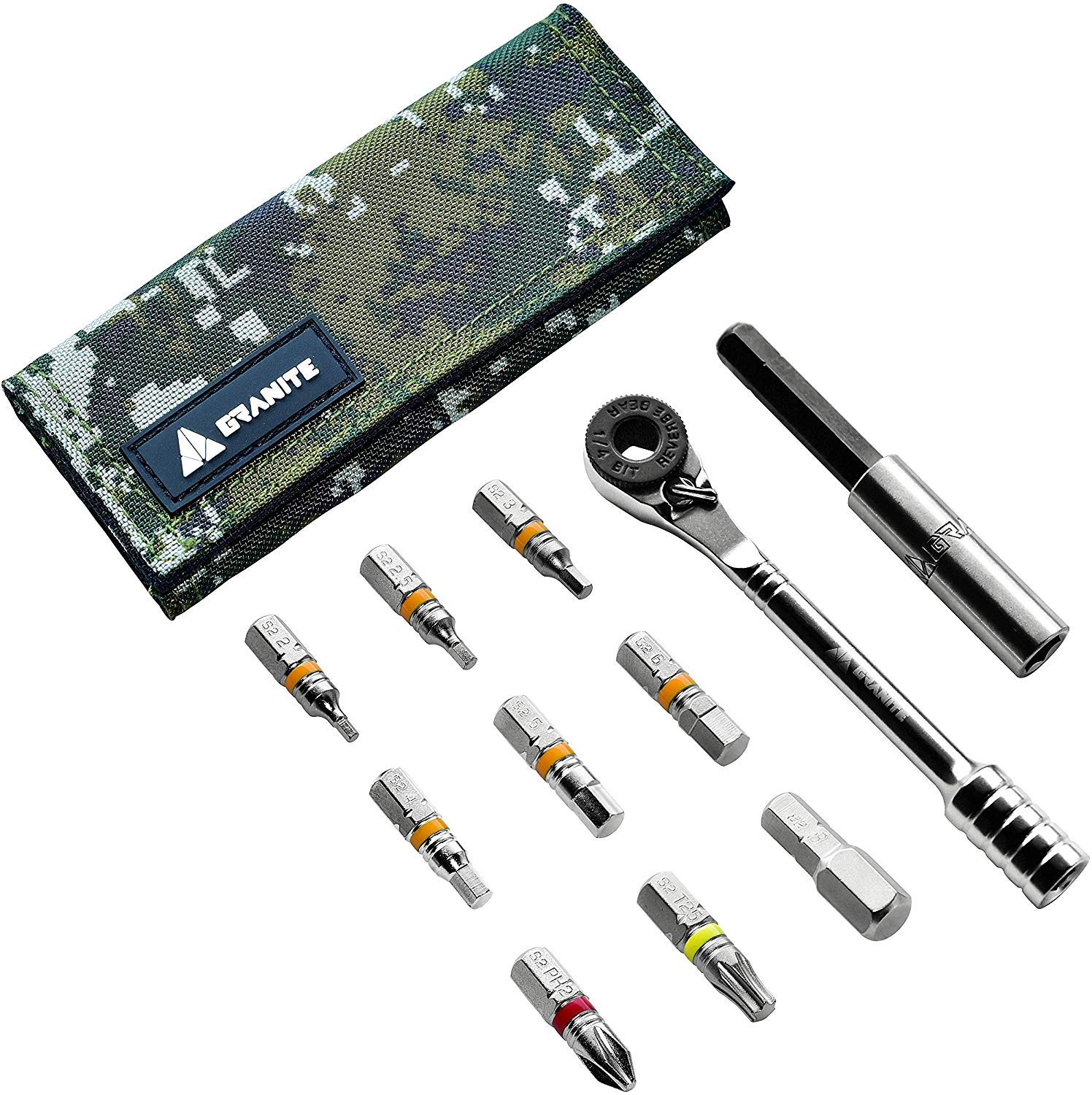 Granite Rocknroll Mini Ratchet Bike Tool Kit - 9-in-1 Bicycle Multitool with Extension Rod | Compact Mountain Bike, Road Bike & Gravel Bike Repair Kit (Green Camo) | Perfect for On-the-Go Cycling Repairs & Trailside Maintenance