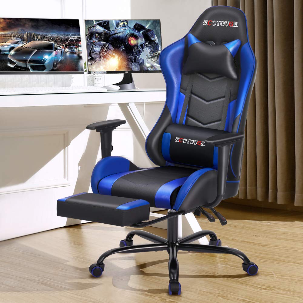 ECOTOUGE Ergonomic PC Massage Gaming Chair with Adjustable Footrest - Racing Style PU Leather Office Desk Chair with Headrest & Lumbar Support - Recliner Swivel Rocker for Home/Office/Gaming (Blue)