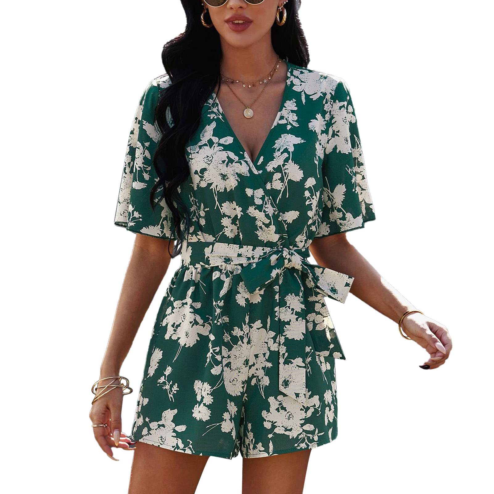 Keenso Women's Summer Jumpsuit - V Neck Strappy Romper with Shorts, Casual Beachwear for Women, Perfect for Vacation, Pool Party & Summer Outings