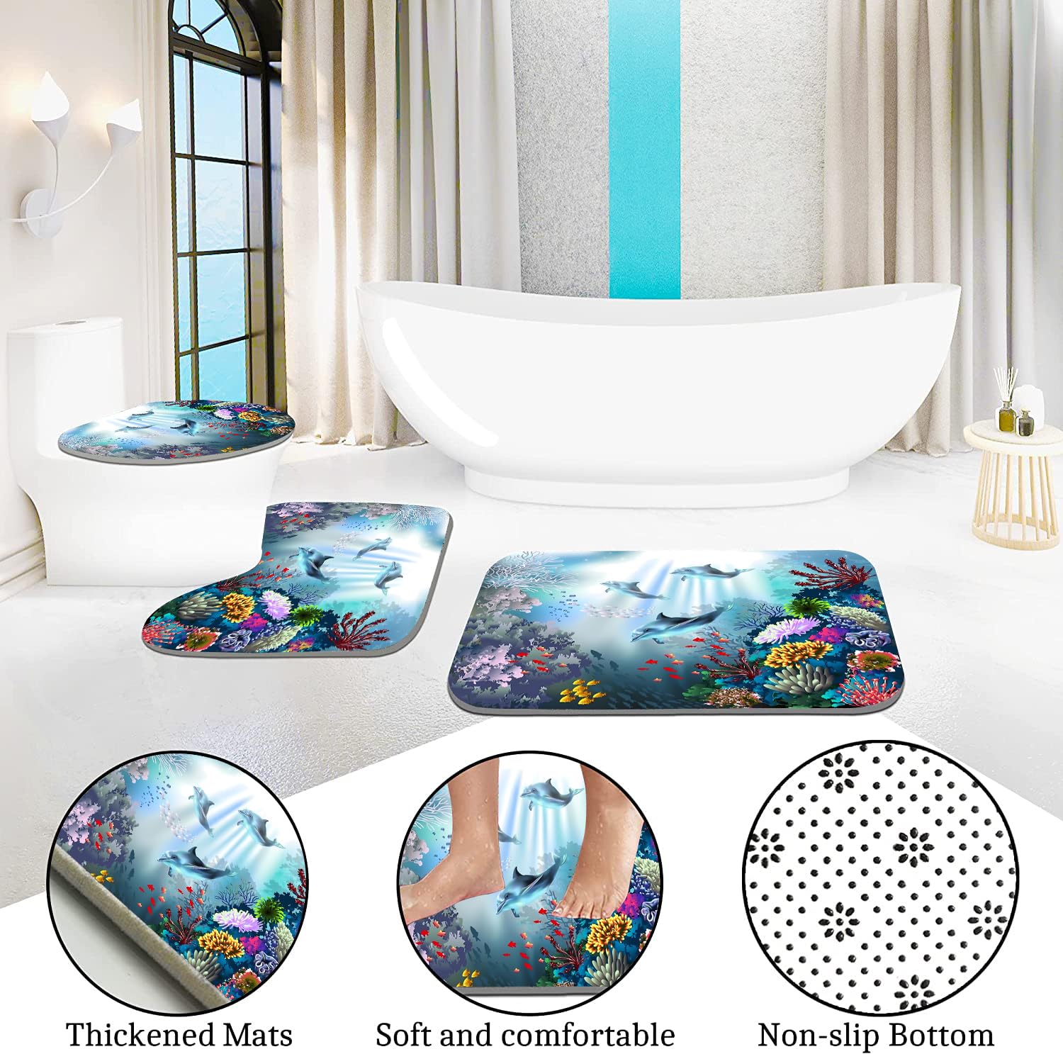 Bella Ocean Coral Reef and Wildlife Shower Curtain Set with Bath Rugs & Accessories - Waterproof Polyester Fabric & Memory Foam - Tropical Beach Theme Printed Bathroom Decor for Coastal, Nautical or Vacation Home Style