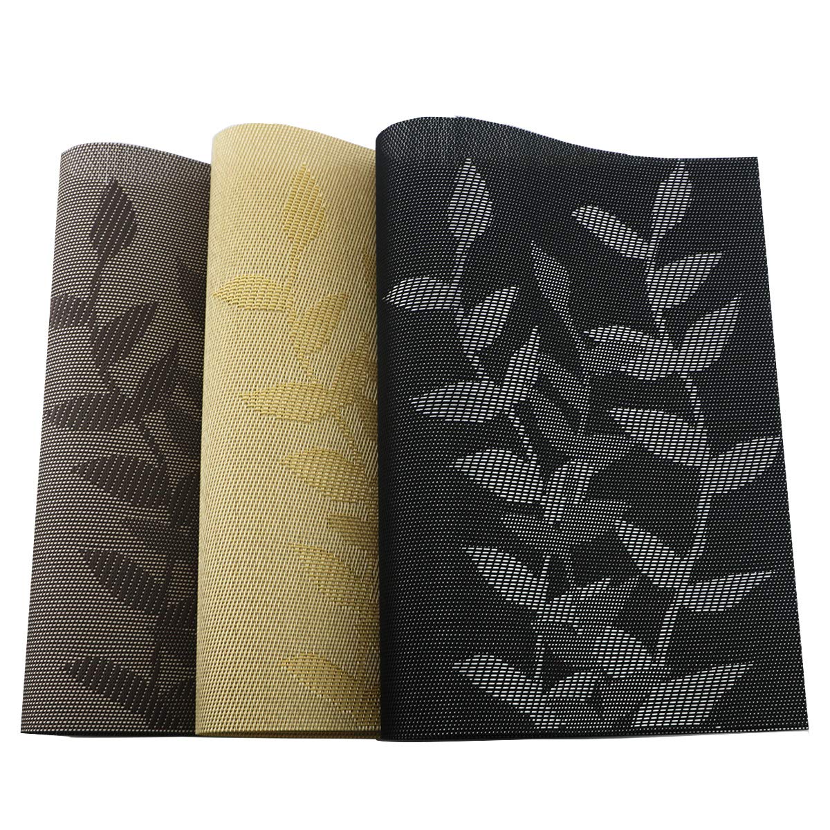 Gold Floral Vinyl Placemats Set of 6 - Heat Resistant Non-Slip Table Mats for Dining - Woven Crossweave Design - Indoor/Outdoor Kitchen Use - Easy Wipe Clean - Perfect for Dinner Parties, BBQs, and Everyday Meals
