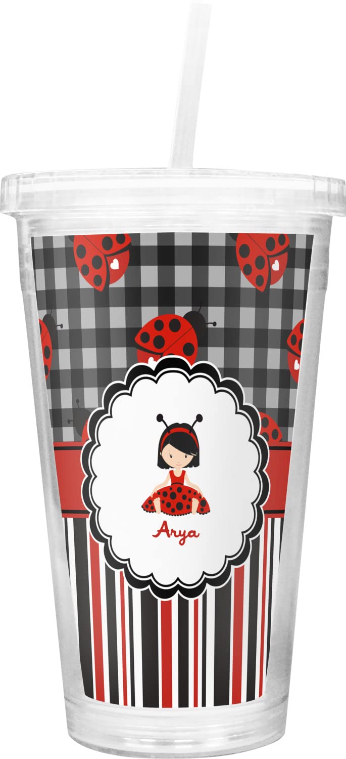 Personalized Ladybugs & Stripes Double Wall Insulated Tumbler with Straw and Lid - Cute 20oz Travel Mug for Women, Gift for Her, Coffee Tea Cold Drink Cup for Office, Gym, Hiking, Camping