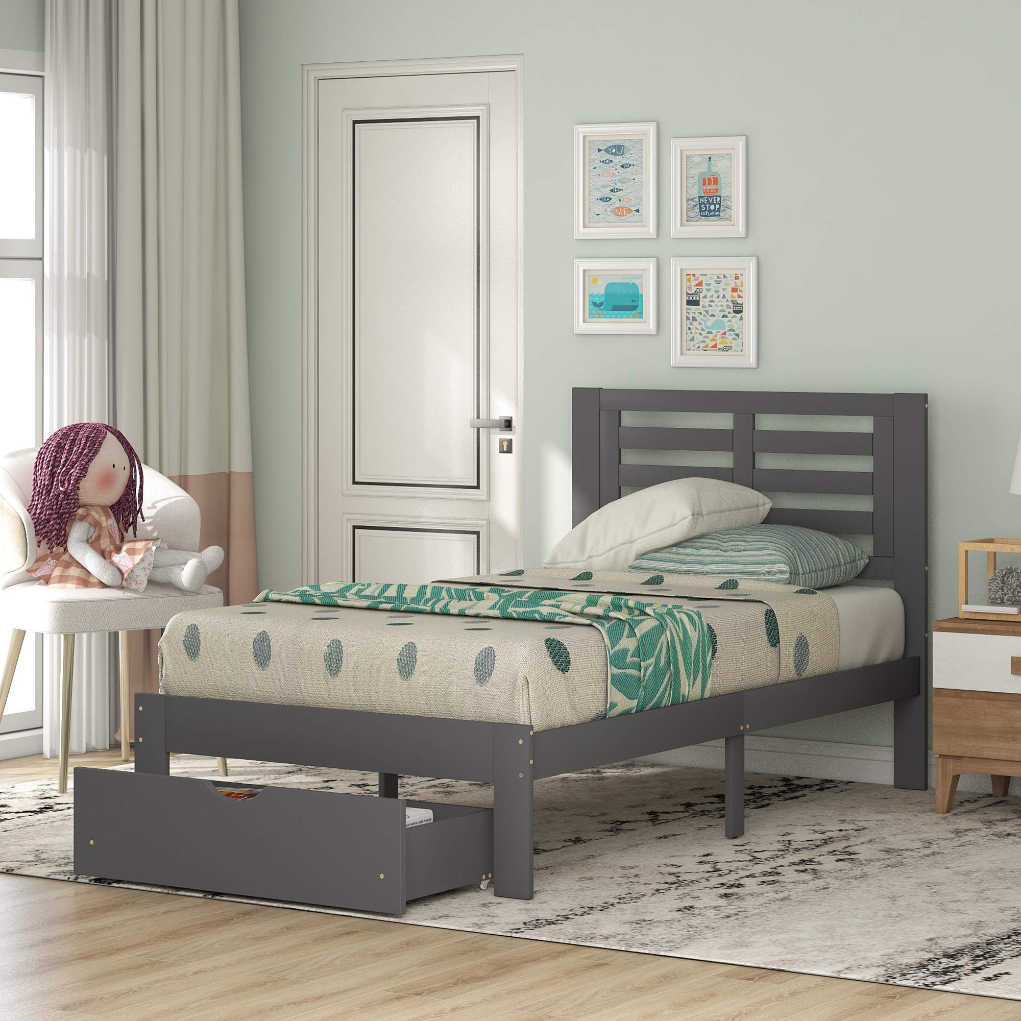 Kteam Solid Wood Twin Size Kids Platform Bed with Storage Drawers & Headboard - Grey | Space-Saving Bedroom Furniture for Children's Room, Guest Room or Small Spaces