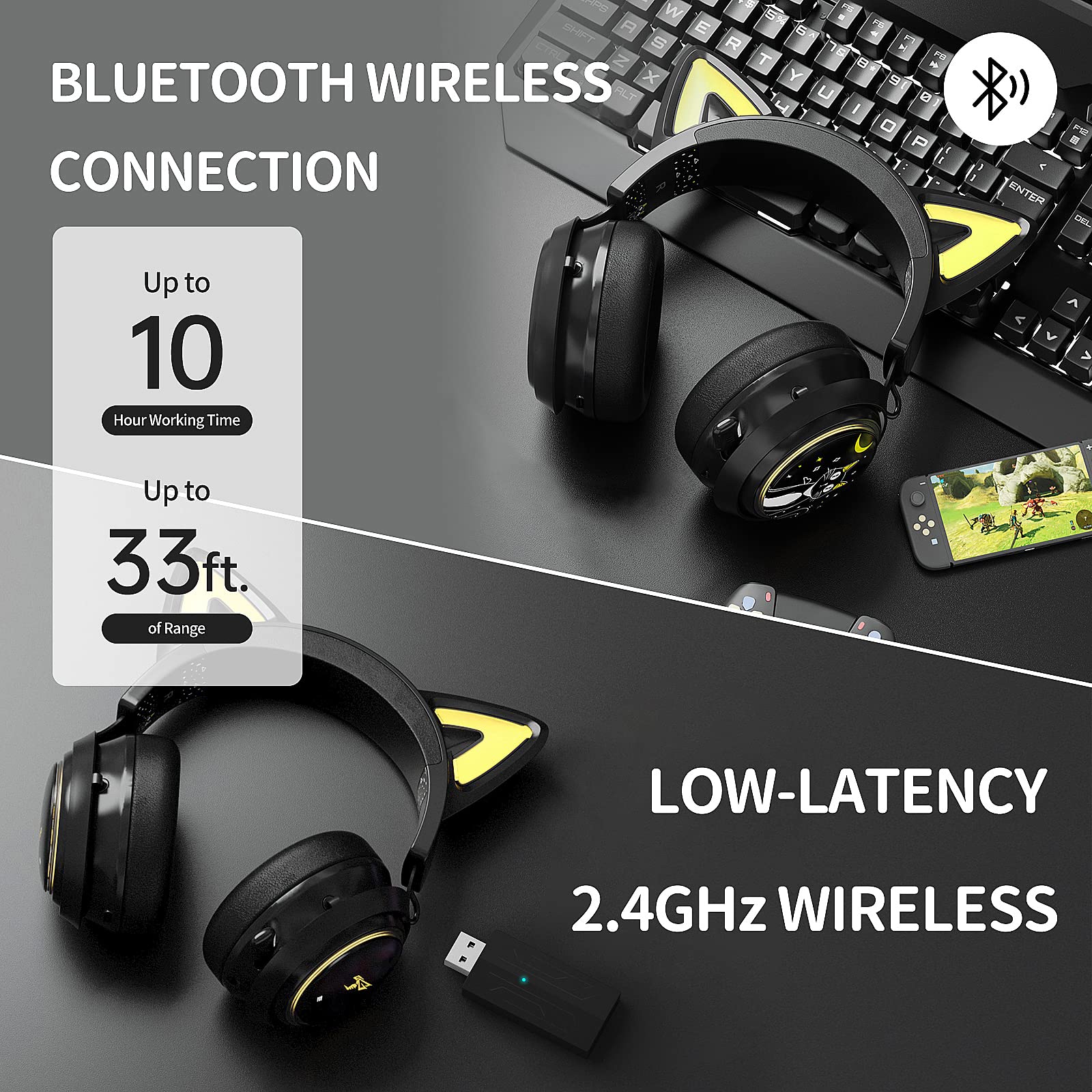 Wireless Gaming Headset with Cat Ears - Bluetooth Headphones for PC, PS5, Xbox & Smartphone - Retractable Mic, 7.1 Surround Sound, 50mm Drivers, RGB Lighting - Cute Cat Ear Headphones for Girls (Black) - Perfect for Gaming, Streaming & Online Classes