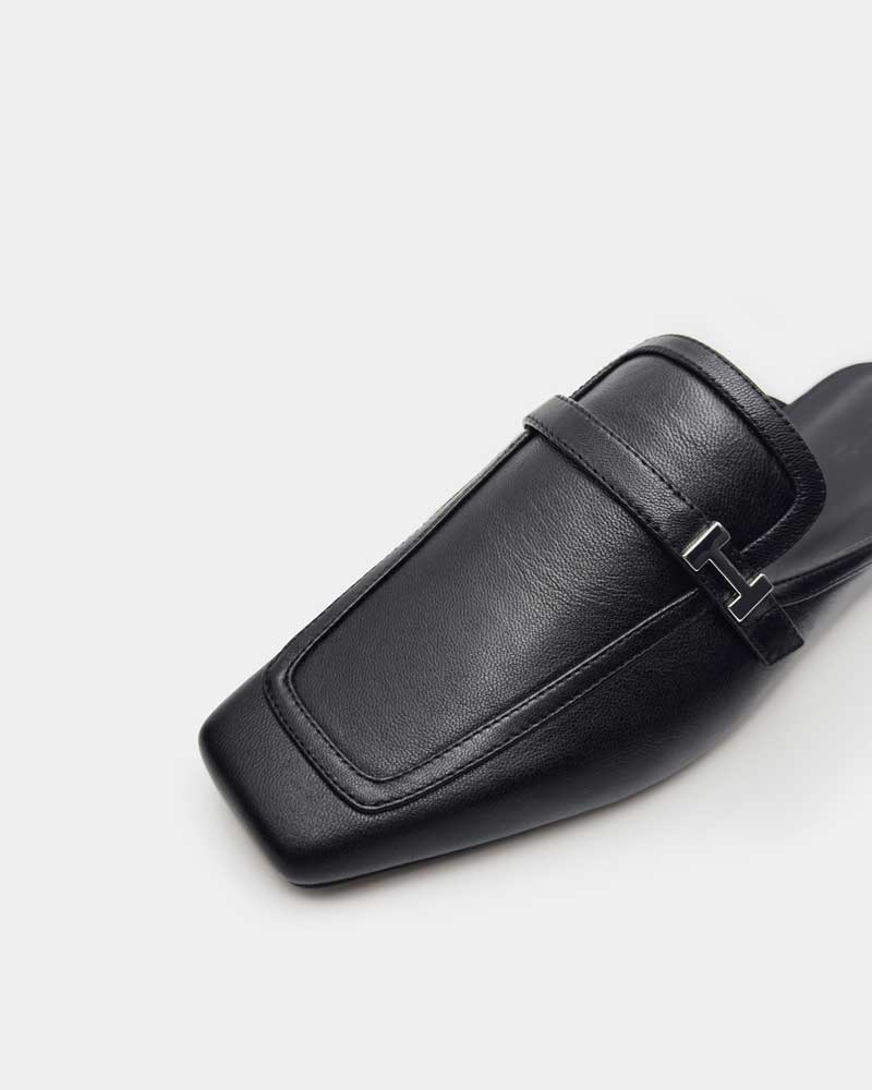 Black Leather Flat Loafer Mules for Women - Comfortable Slip-On Shoes for Casual Wear, Office & Travel - Non-Slip Sole & Cushioned Insole