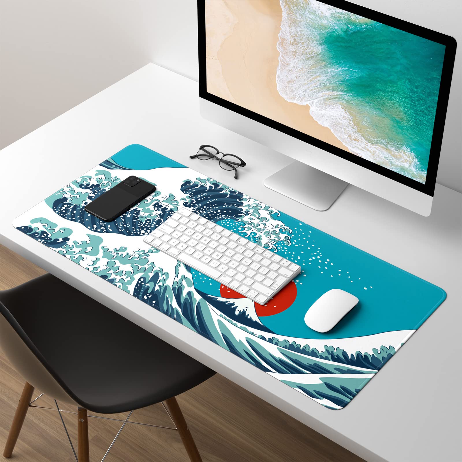 Japanese Wave & Red Sun Extended Gaming Mouse Pad - XL Large 30x14 Inch Waterproof Desk Mat with Stitched Edges & Non-Slip Base for PC, Laptop, Office & Esports Gaming - Perfect for Gamers, Streamers & Anime Fans