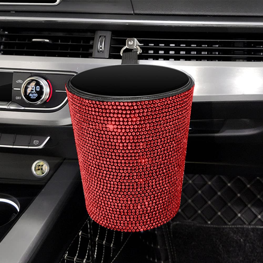 Sparkling Diamond Car Trash Can - Glitter Hanging Garbage Bin with Lid, Multifunctional Organizer Storage Box for Vehicles (Red) - Perfect for Road Trips, Commuting & Keeping Your Car Clean