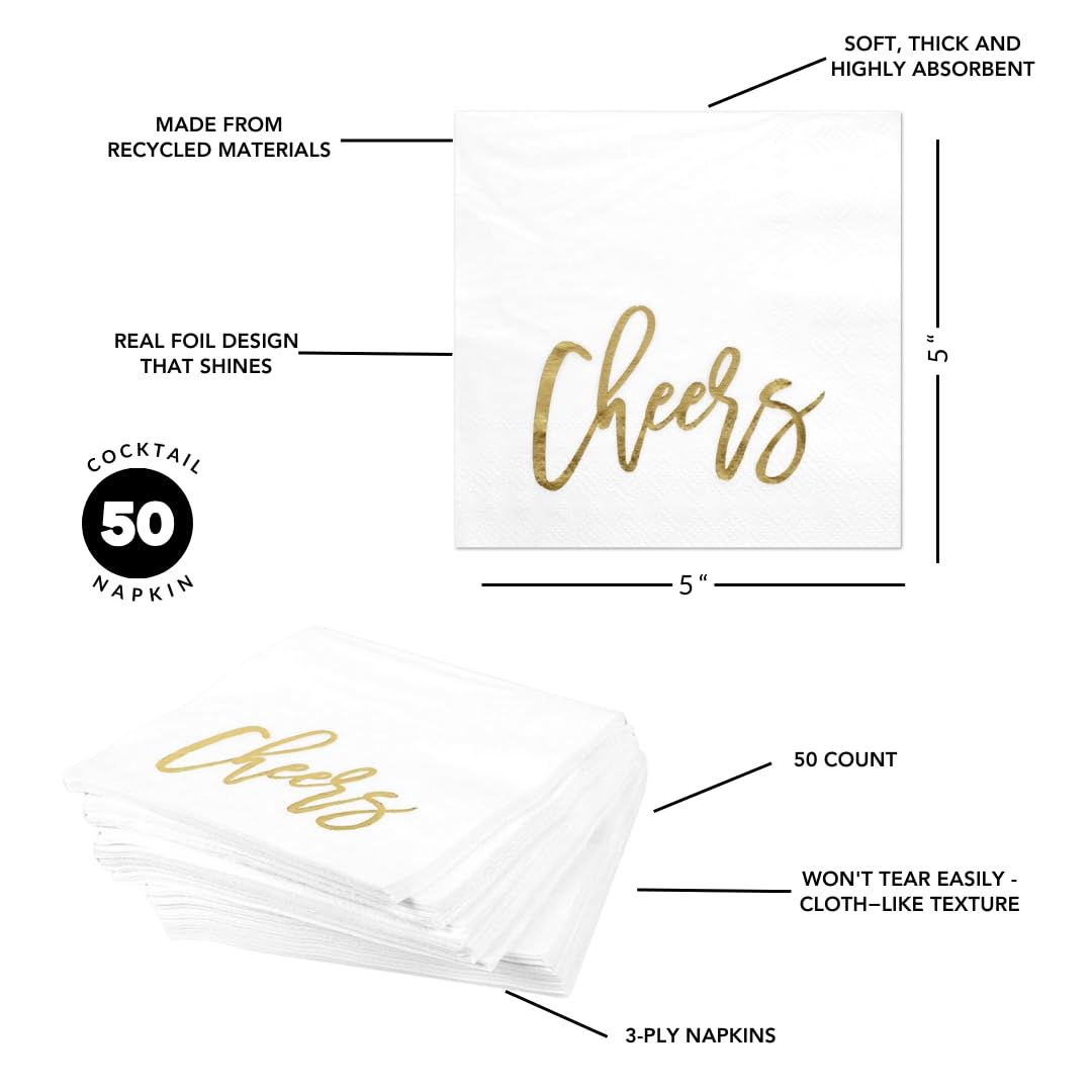 Andaz Press 5 Inch Funny Quotes Cheers Cocktail Napkins - Gold Foil Bulk 50-Pack 3-Ply Disposable Beverage Napkins for Parties, Weddings, Bridal Showers & Holidays (Birthday, Thanksgiving, Christmas, New Year's Eve) - Perfect for Bar Decor, Cocktail Hours & Celebratory Toasts