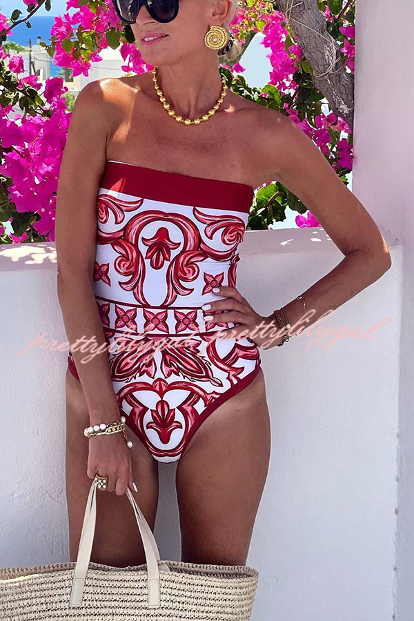 Summer Lovin Unique Royal Print Strapless One Piece Swimsuit with Pareo - Stretchy Bathing Suit for Women, Beach Vacation & Pool Party Outfit