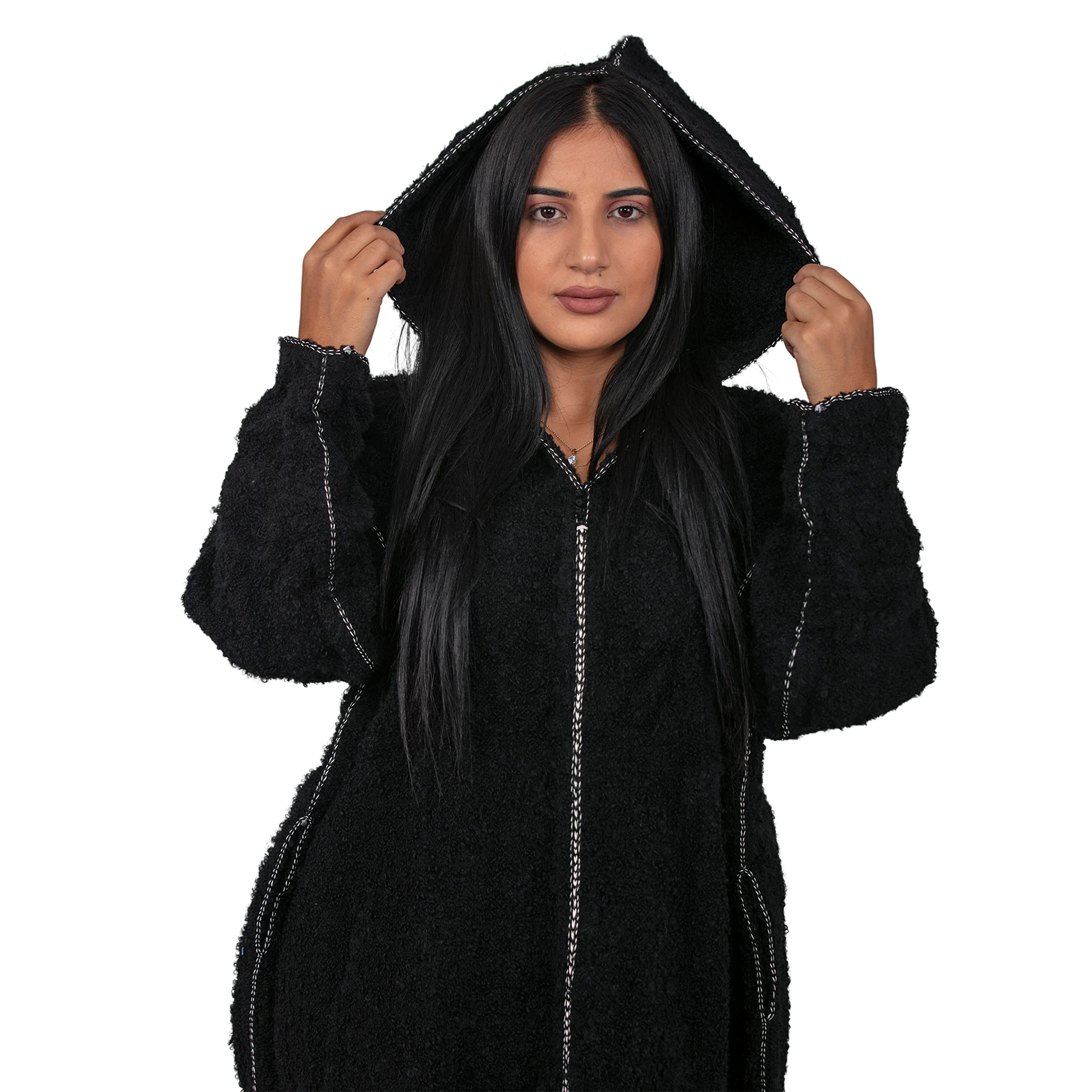 HibArt - Women's Handmade Boho Striped Djellaba Sweater Coat Hoodie Caftan - Wool Long Winter Dress for Women (XS, Black) - Perfect for Casual Outings, Festivals & Cold Weather Layering