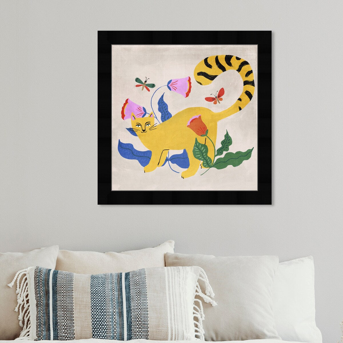 Blonde Tabby Floral Kitten Butterfly Garden Modern Yellow Framed Wall Art Print - Cute Cat Painting for Bedroom, Living Room & Nursery Decor
