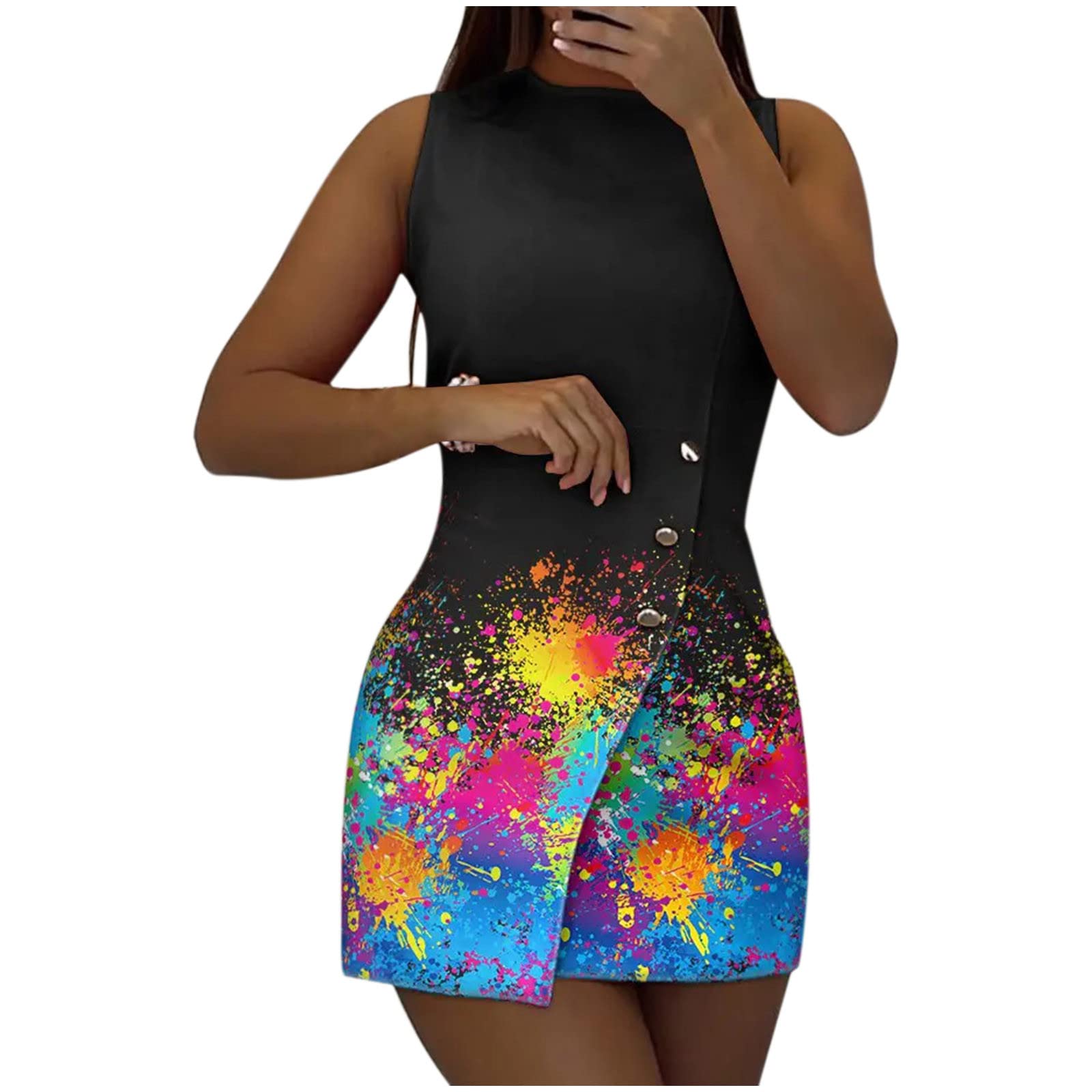 Women's Summer Slim Fit Zipper Print Sleeveless Vest Dress with Asymmetrical Hem - Casual Short Dress for Beach, Party & Daily Wear - Perfect Gift for Women