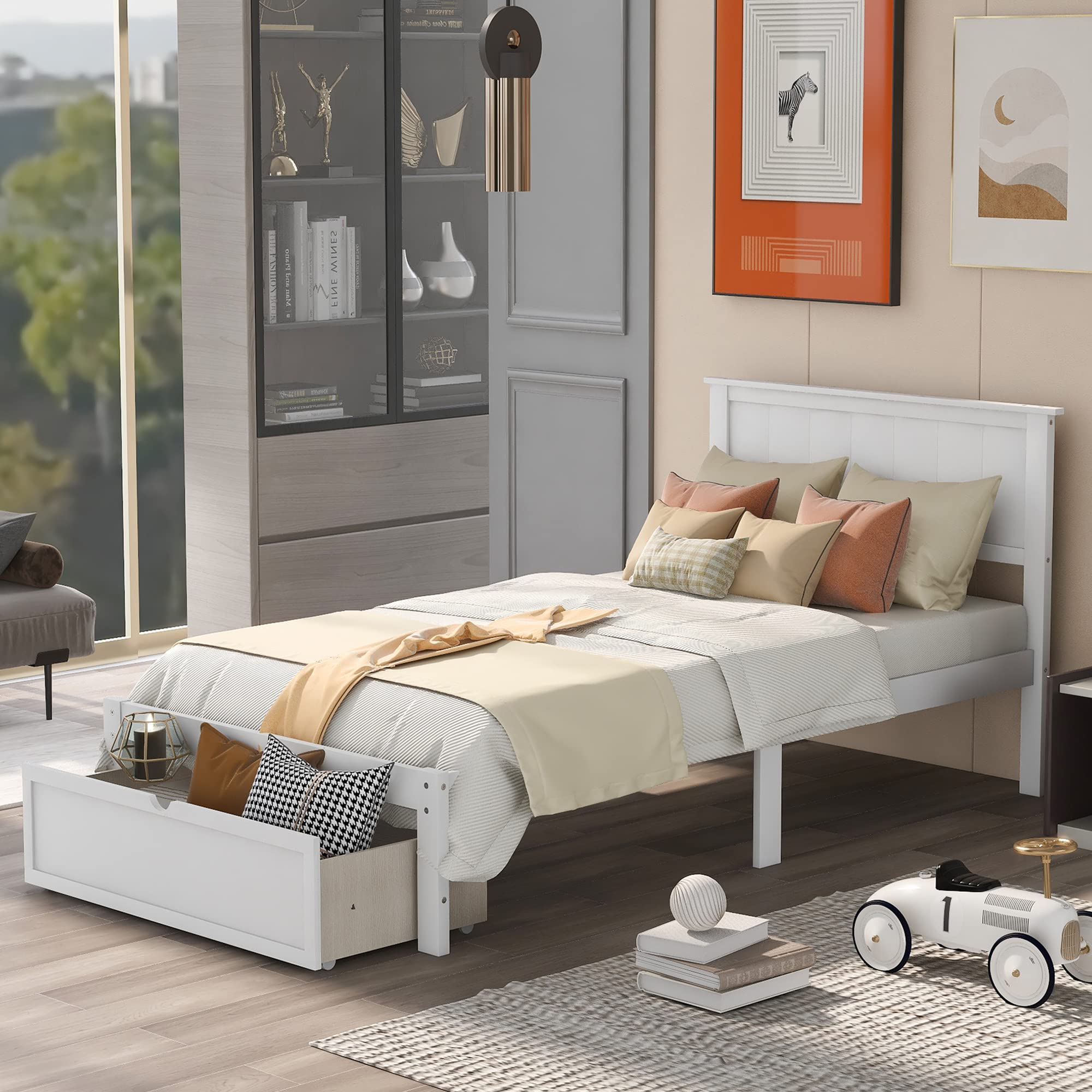 Merax Twin Bed Frame with Storage Drawer - Wood Platform Bed for Kids, No Box Spring Needed, White - Perfect for Small Bedrooms, Dorm Rooms & Kids' Bedrooms