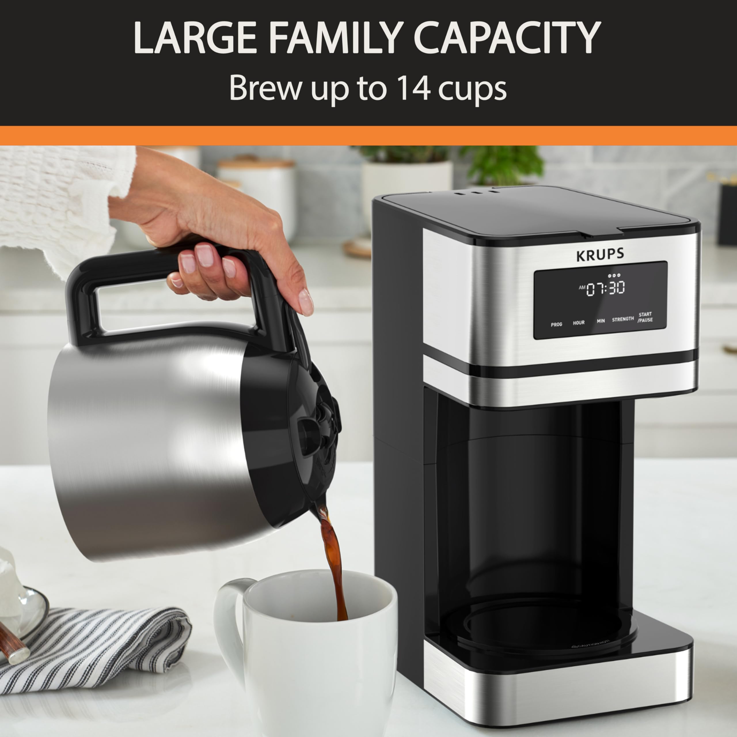 KRUPS Simply Brew 14 Cup Programmable Coffee Maker - Stainless Steel Carafe, Digital Controls, 3 Brew Strengths, 24-Hour Timer | Perfect for Home, Office & Entertaining | Drip Coffee Machine with 4-Hour Keep Warm & Reusable Filter (1050W)