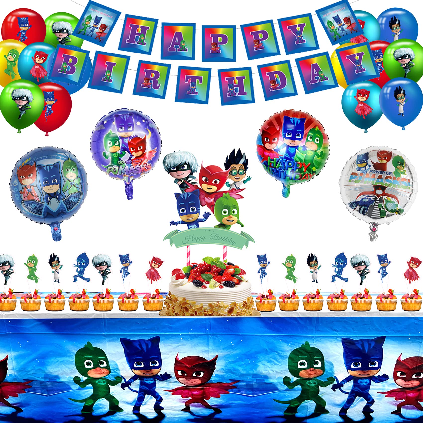 PJ Masks Party Supplies Kit - Birthday Banner, Table Cover, Cake Topper, Cupcake Toppers, Foil & Latex Balloons - Kids Party Decorations for Birthday Celebrations & Themed Events