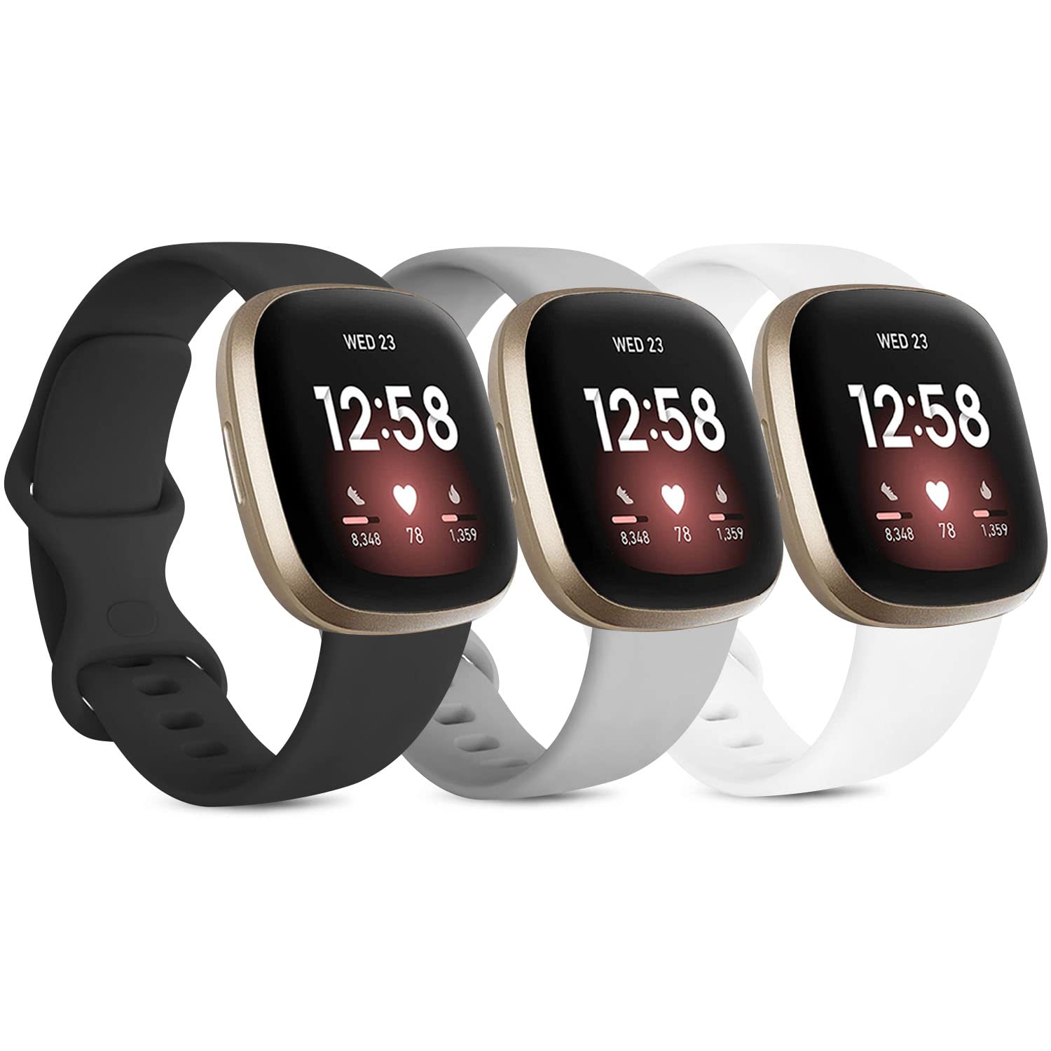 3 Pack Replacement Silicone Bands for Fitbit Sense & Versa 3 - Soft Sport Wristbands for Women & Men (Black, Gray, White, Large) - Perfect for Workouts, Running & Daily Wear