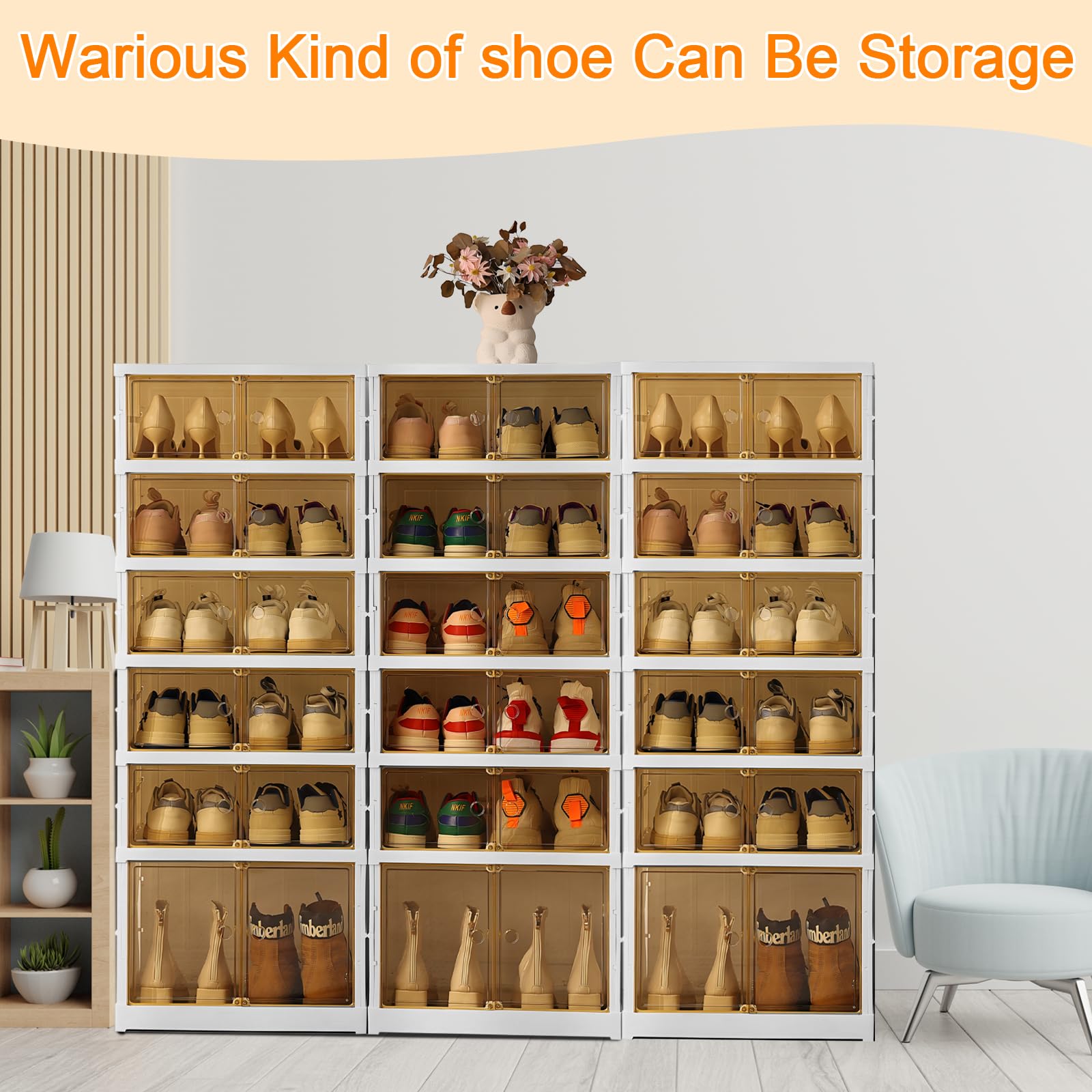 Stackable 6-Tier Shoe Storage Organizer with Magnetic Clear Door - Holds 24 Pairs of Shoes - Portable Sneaker Cabinet for Closet, Bedroom & Entryway Organization - Large Plastic Shoe Containers with Lids (Set of 2) - Perfect for Small Spaces & Shoe Lovers