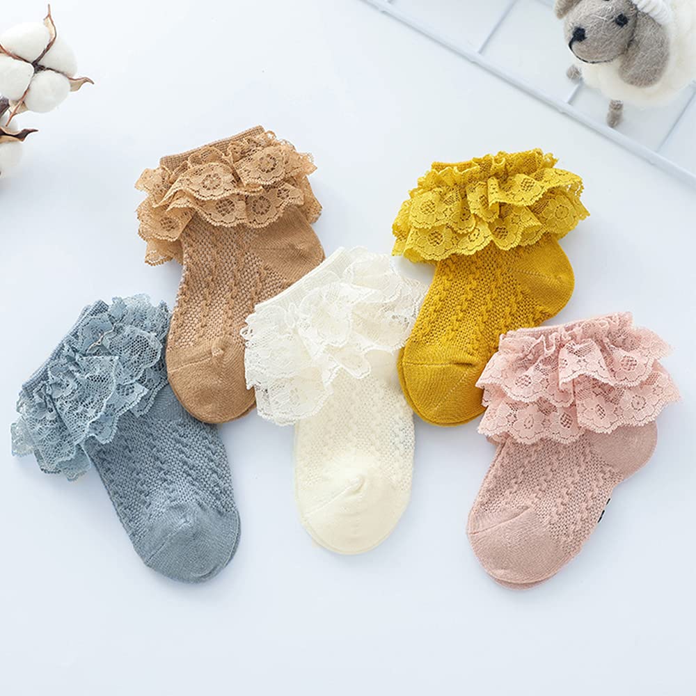 4/5/6 Pack Baby Girls Ruffle Socks - Lace Flower Ankle Socks for Toddlers & Infants - Soft Frilly Socks for Newborns & Little Girls - Perfect for Everyday Wear, Special Occasions & Photo Shoots