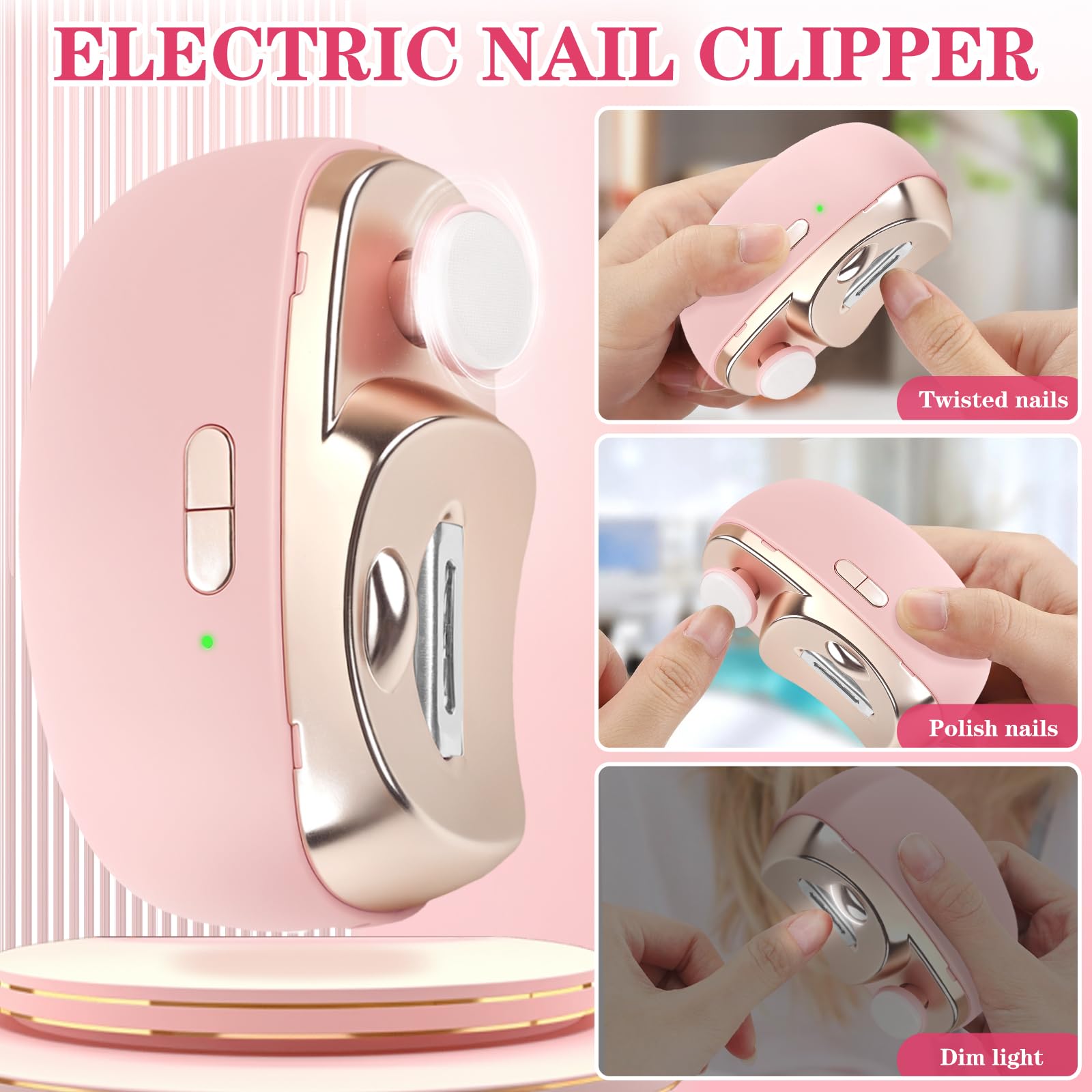 3-in-1 Electric Nail Clipper for Adults - Upgraded Automatic Nail Trimmer with Collector, Safe & Precise Fingernail Clippers - Perfect Gift for Men & Women (Cute Pink) - Ideal for Travel, Home Use & Elderly Care