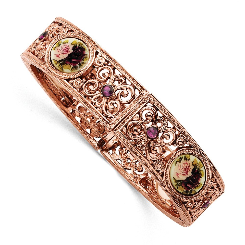 Rose Tone Purple Crystal & Floral Stretch Bracelet for Women - Elegant Adjustable Beaded Jewelry for Parties, Weddings & Everyday Wear