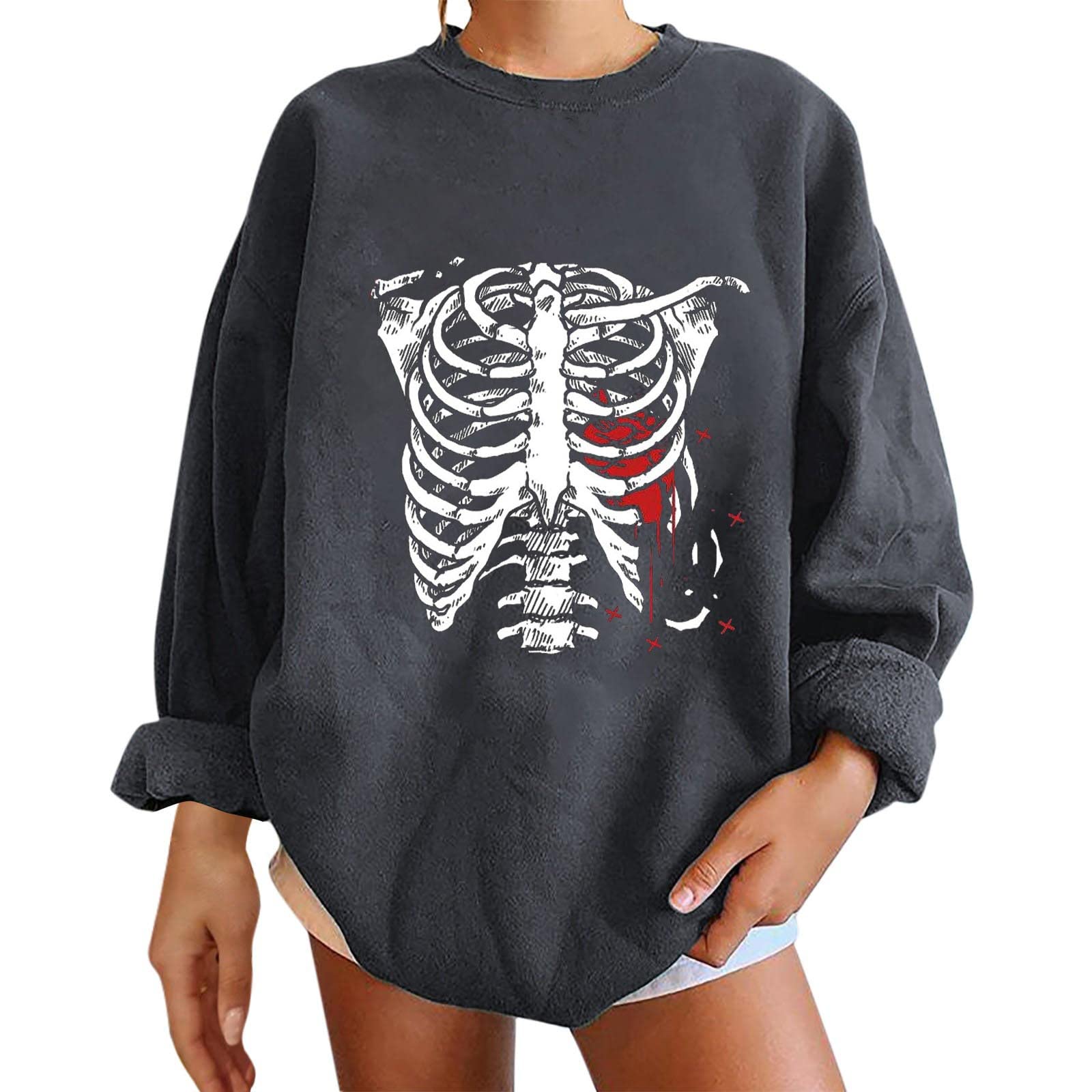 Women's Halloween Skull Graphic Fleece Sweatshirt - Cozy Winter Thermal Crewneck Pullover with Rolled Sleeves - Perfect for Halloween Costumes, Christmas Gifts & Casual Winter Wear