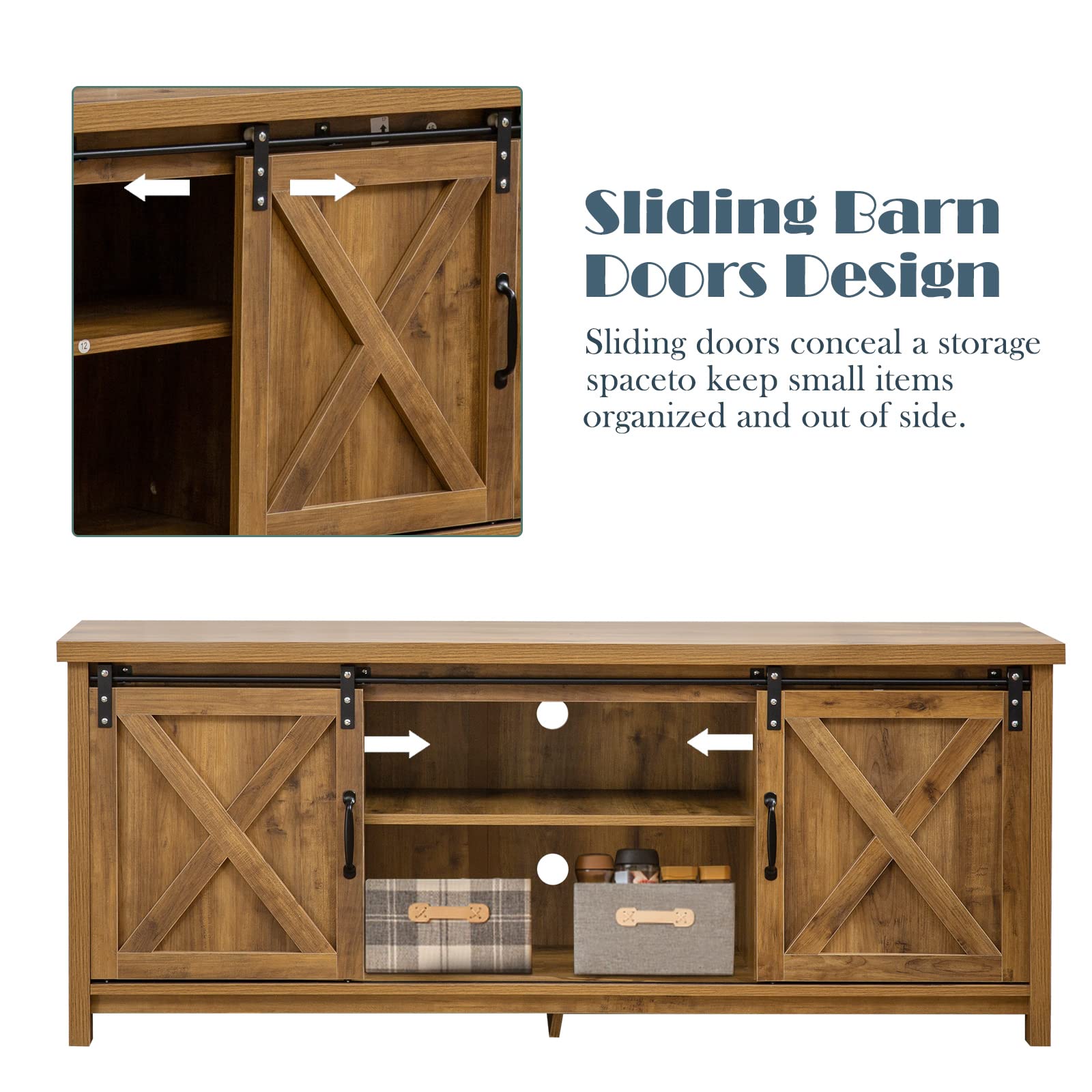 Modern Farmhouse TV Stand with Sliding Barn Doors - 65 Inch Rustic Media Console with 2-Tier Storage Cabinets - Entertainment Center for Living Room & Bedroom - Perfect for Farmhouse Decor & Cozy Home Theater Setup (Brown)