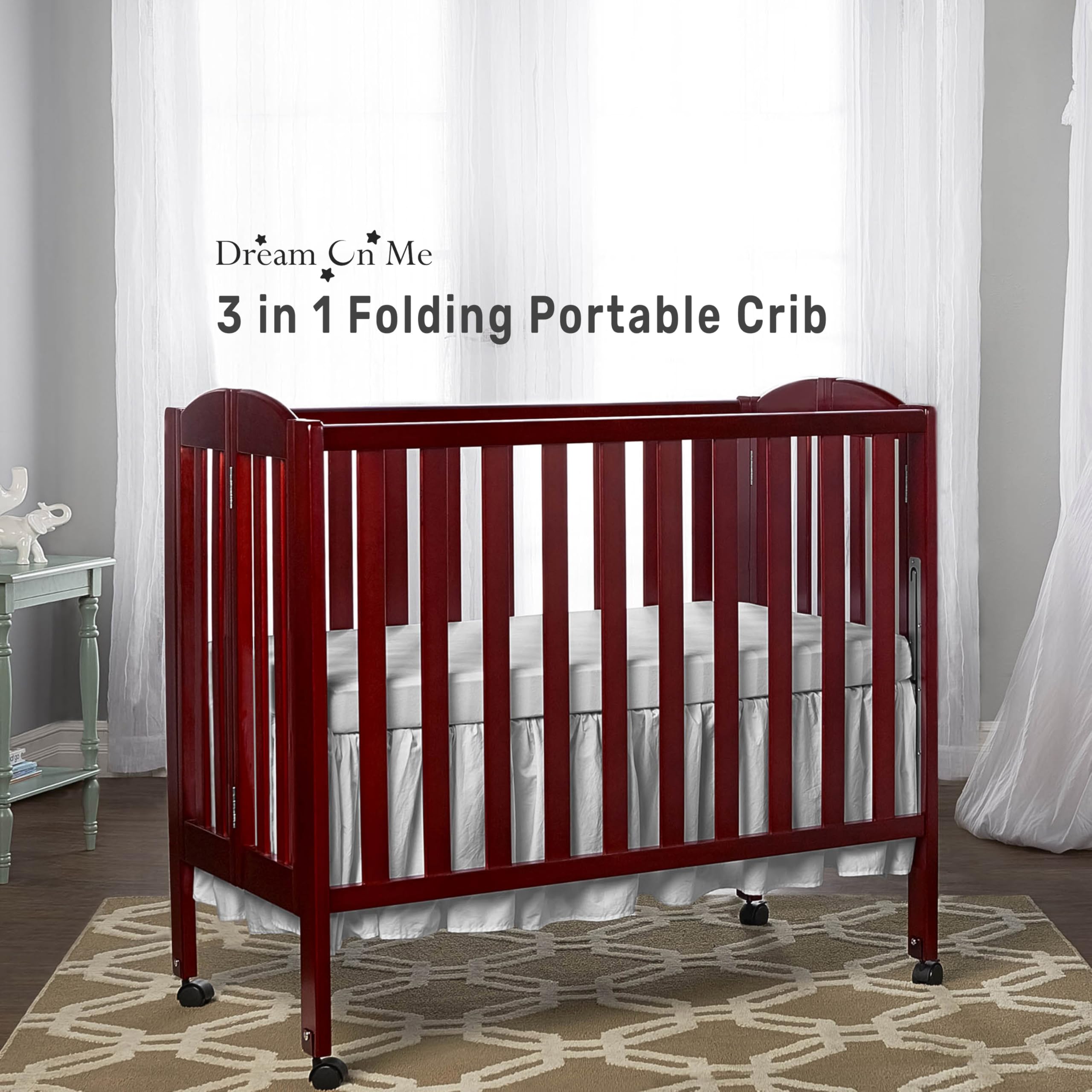 Dream On Me 3-in-1 Portable Folding Convertible Baby Crib - Cherry Wood, Greenguard Gold Certified, Adjustable Mattress Heights & Locking Safety Wheels | Nursery, Bedroom & Travel Use
