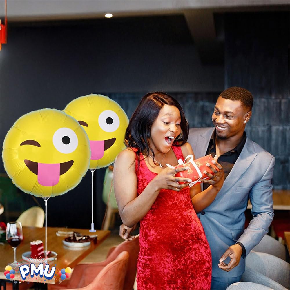 9 Inch PMU Emoji Balloons Pre-Inflated with Stick - Tongue & Winking Eye Design (6-Pack) - Perfect for Birthday Parties, Baby Showers & Celebrations