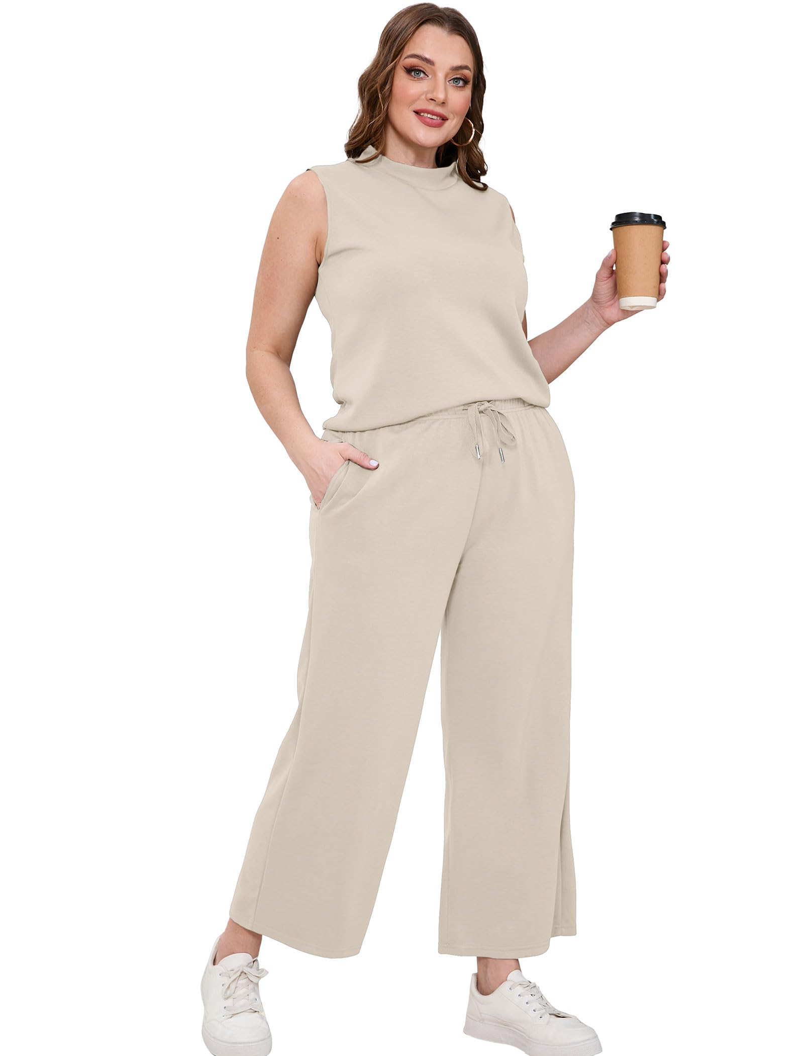 Women's Summer Two Piece Sets - SAMPEEL Mock Neck Tops & Wide Leg Crop Pants Lounge Outfits for Vacation, Travel & Casual Wear | Breathable Comfort Outfit for Beach, Yoga & Everyday Fashion
