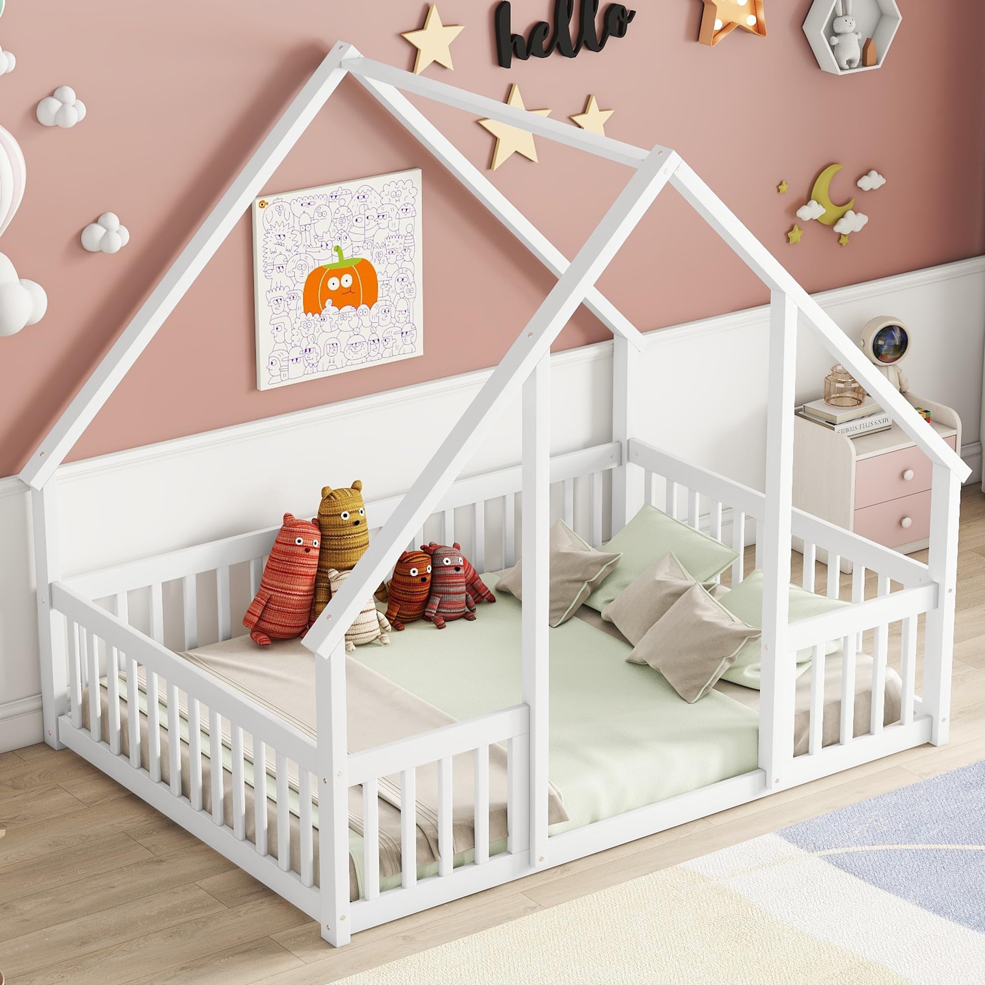 Bellemave Full Size Wooden House Floor Bed for Kids - Montessori Style Playhouse Bed Frame with Safety Fence for Boys & Girls - Perfect for Bedrooms, Playrooms and Montessori Learning Spaces (White)