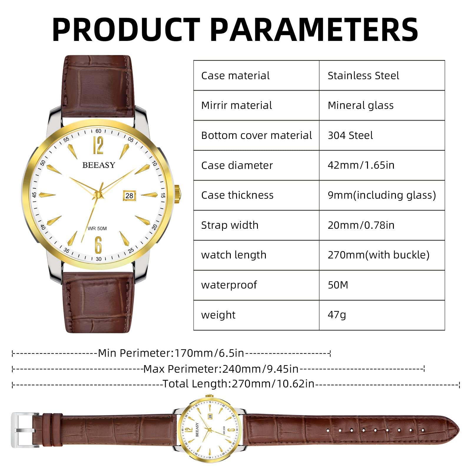 Beeasy Men's Minimalist Watch - Leather Strap Analog Date for Business & Formal Wear | Waterproof Office & Dress Occasions
