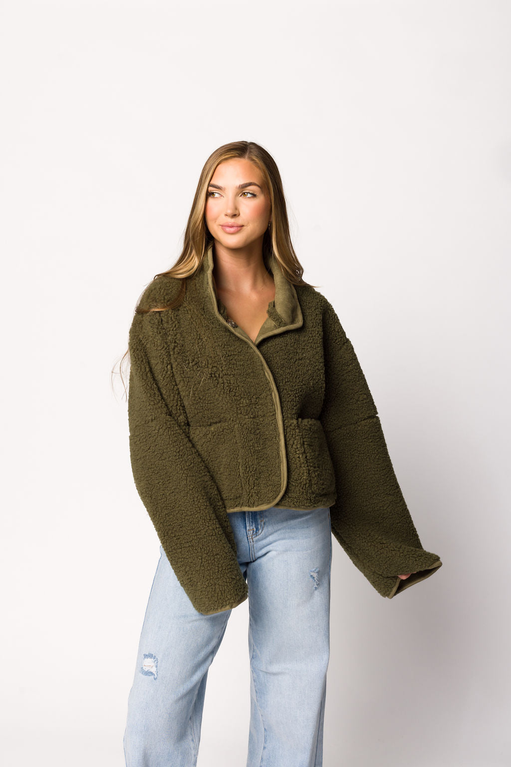 Abby Sherpa & Suede Reversible Jacket in Olive Green - Cozy Winter Outerwear for Women | Perfect for Hiking, Camping & Casual Outings