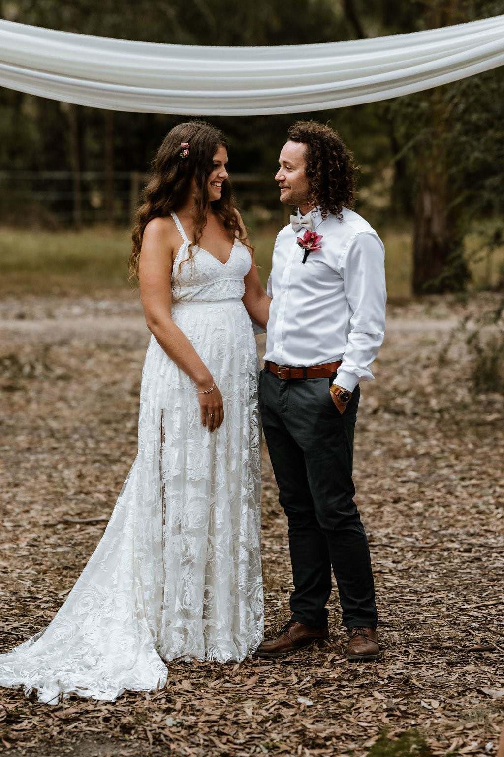 Elegant V-Neck Lace Beach Wedding Dress with High Slit & Open Back - Perfect for Beach, Destination, and Summer Weddings