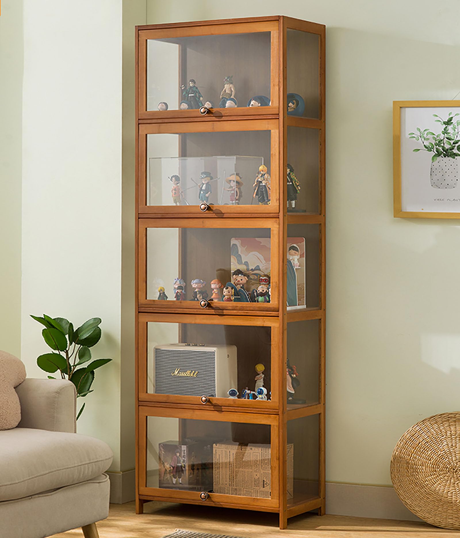 ZMHPLKH Natural Bamboo Display Cabinet with Glass Doors - Flip-Top Design, Dust-Proof & Easy Assembly - Perfect for Showcasing Collectibles, China, or Home Decor