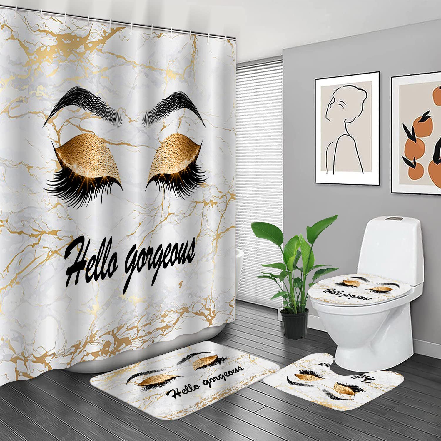 Stylish Gold Marble Eyelash Shower Curtain Set with Matching Bath Rug, Toilet Lid Cover & Non-Slip Bath Mat - Waterproof Bathroom Decor with 12 Hooks - Perfect for Modern Bathrooms, Guest Baths & Spa-Like Retreats