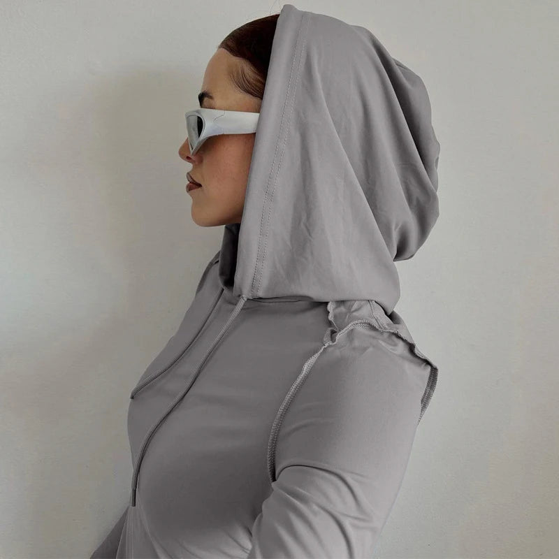 Women's Asymmetrical Stitch Hooded Long Sleeve T-Shirt - Slim Fit Drawstring Harajuku Style Pullover with Shirring Details | Perfect for Autumn Grunge Fashion, Streetwear & Casual Outfits