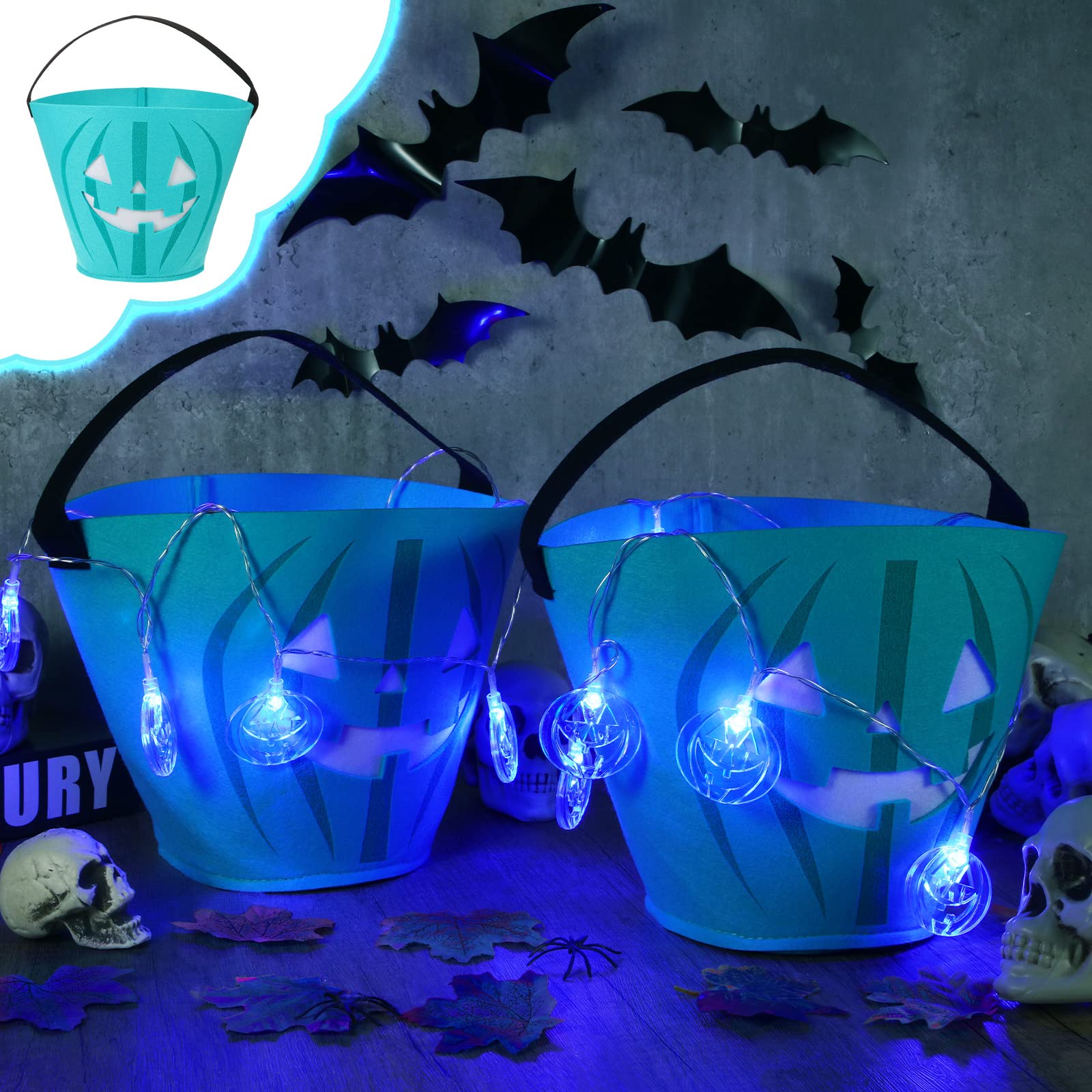 2 Pack LED Light Halloween Bucket - Pumpkin Felt Candy Basket with Jack O'Lantern Design for Trick or Treat, Halloween Party Favors & Home Decor