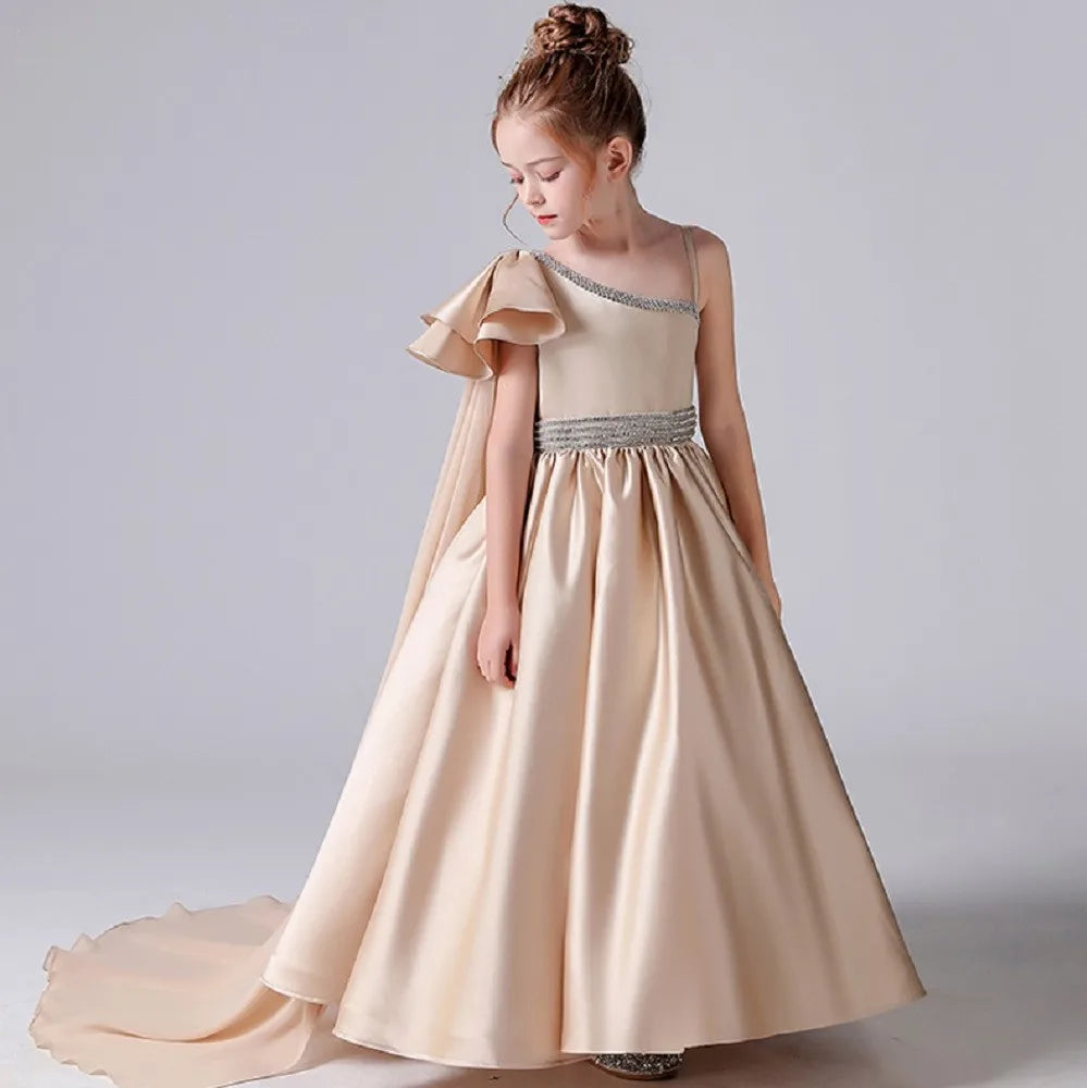 Elegant Champagne Satin One Shoulder Flower Girl Dress for Weddings - Perfect for Bridal Parties, Pageants & Special Occasions