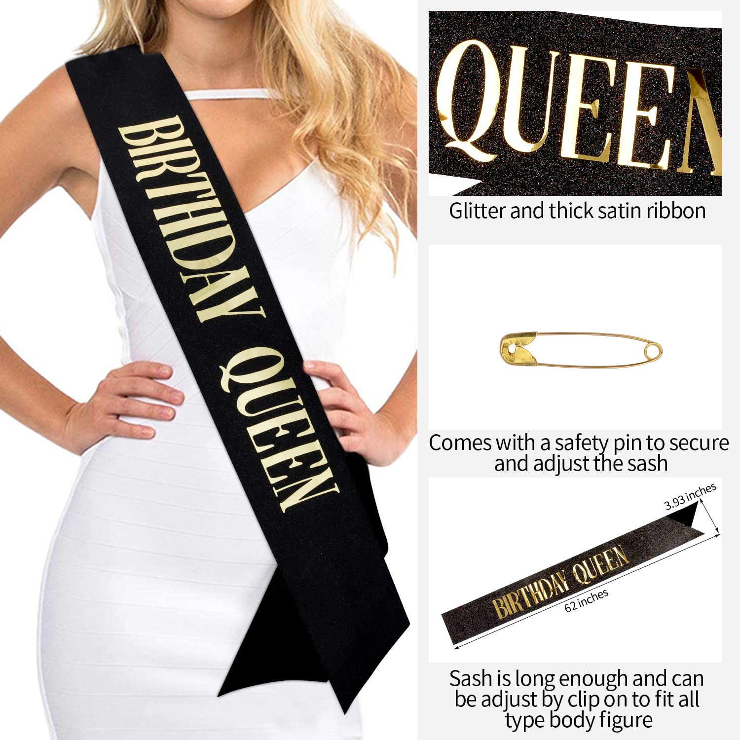 Black Crystal Tiara and Birthday Sash Set for Women - Queen Crown Headband & Princess Sash for Birthday Parties, Bachelorette, Bridal Showers & Special Events