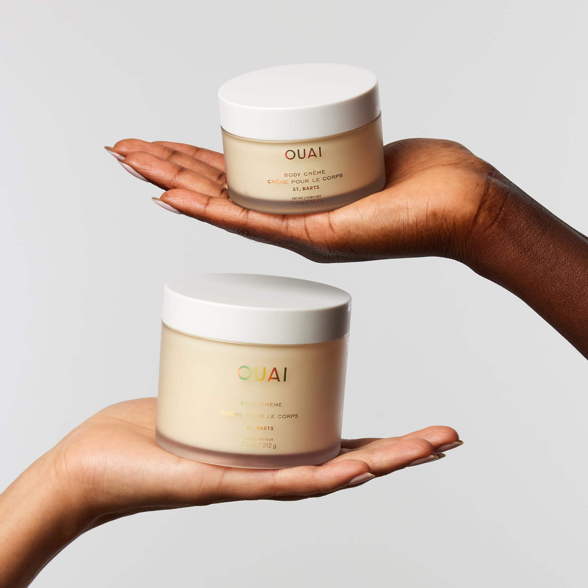 OUAI St. Barts Hydrating Body Cream Bundle with Cupuaçu Butter & Coconut Oil - Moisturizing Skin Care for Soft, Glowing Skin - Sulfate-Free Formula with Squalane (2-Pack, 7.5oz & 3.4oz) | Perfect for Dry Skin Care Routine, Post-Shower Moisturizer & Spa Day Self-Care