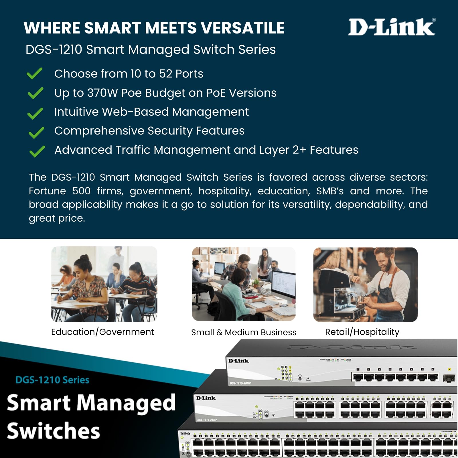 DGS-1210-28 28-Port Gigabit Smart Managed Switch | 24 Ethernet + 4 SFP Ports | Layer 2+ | VLAN Support | Network Cable Tester | Web Management | Rack Mountable | Silent Fanless Design | NDAA Certified | Lifetime Warranty | Ideal for Office Networks, Data Centers & Home Labs