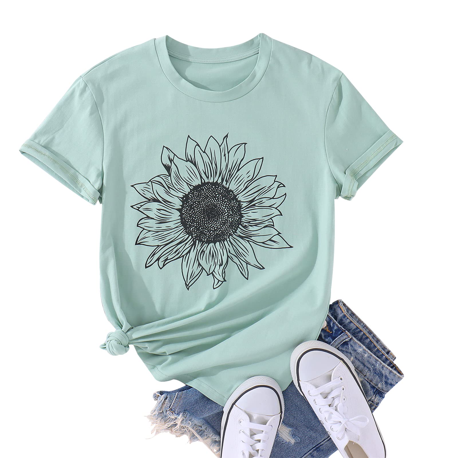 Women's Summer Sunflower Graphic T-Shirt - Cute Floral Print Loose Fit Crew Neck Short Sleeve Casual Top for Beach, Vacation & Everyday Wear