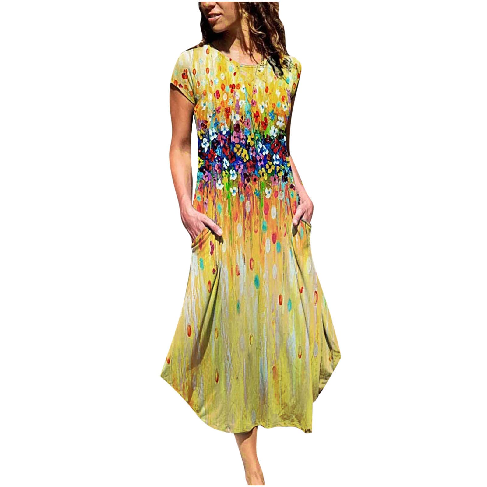 Women's Summer Floral Print Casual Dress - Crewneck Short Sleeve Loose Shift Sun Dress with Pockets | Beach Vacation, Outdoor Picnic, Party Wear