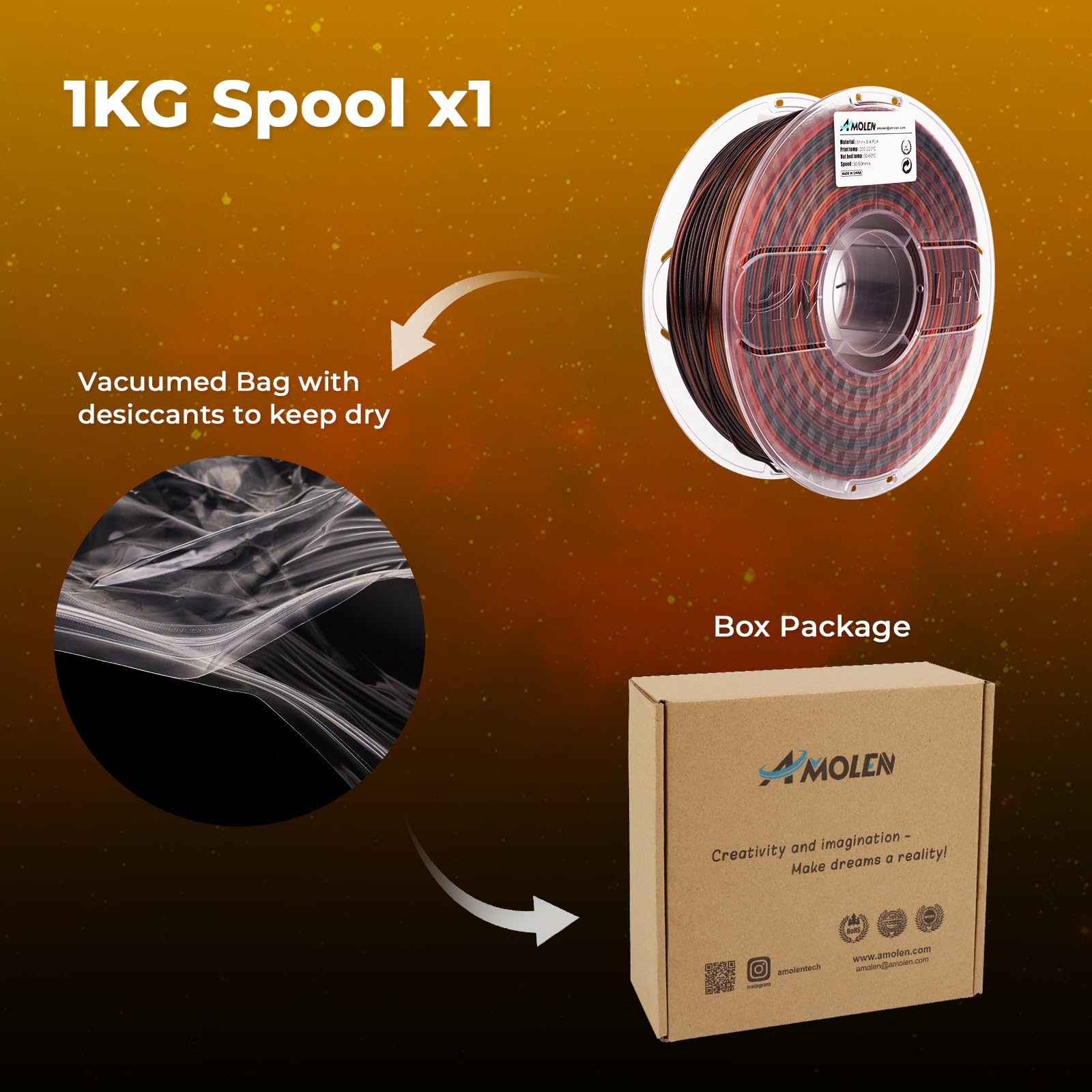 AMOLEN PLA 3D Printer Filament 1.75mm - Silk Black, Shiny Red & Gold Filament Bundle (1KG/2.2lb) for Smooth 3D Printing - Perfect for Cosplay Props, Home Decor & DIY Craft Projects