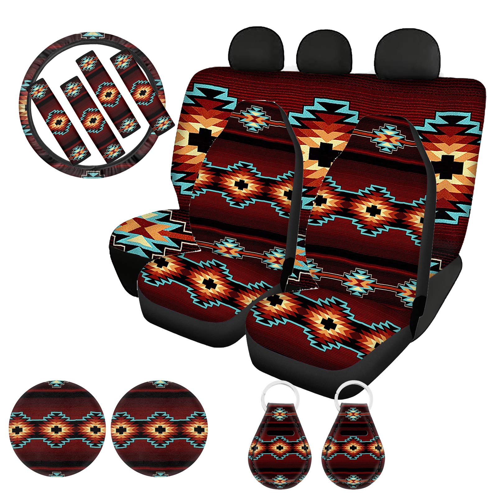 UZZUHI 13-Piece Car Accessories Set - Front & Rear Seat Covers, Stretchy Steering Wheel Cover, Seatbelt Pads, Cup Holder Coasters & Auto Keychains - Brown Tribal Geometric Design for Car Interior Decoration | Perfect for SUV, Sedan & Truck Protection & Style Upgrade