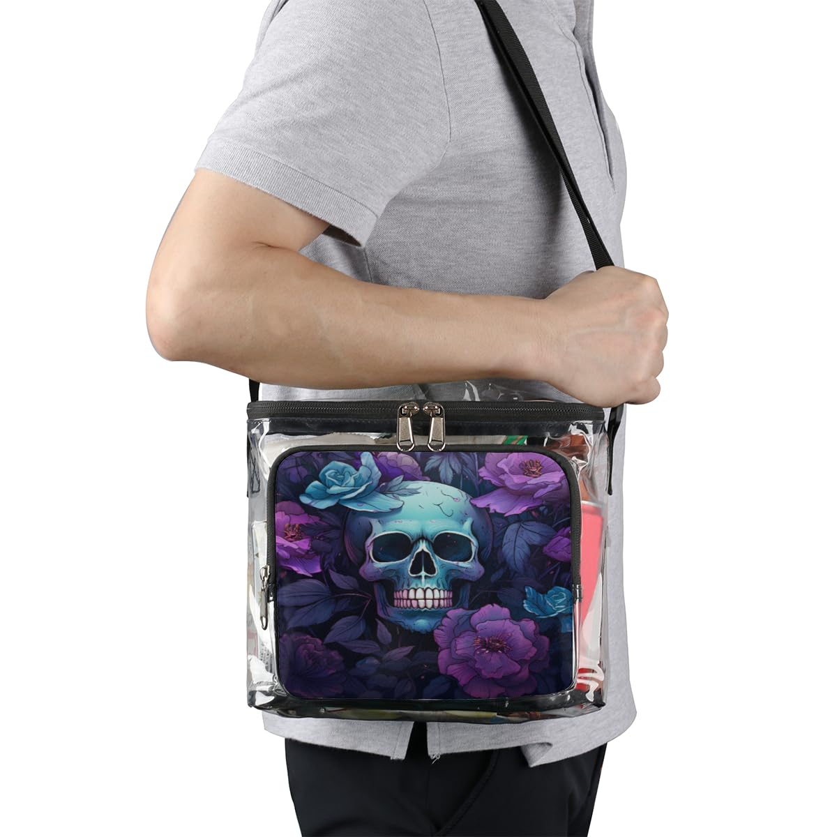 Skull Floral Transparent Tote Bag with Handles - Clear Crossbody Shoulder Bag for Lunch, Travel & Outdoor Activities | Perfect for Picnics, Concerts, Sports Events & Stadium Approved | Fashionable Sugar Skull Design