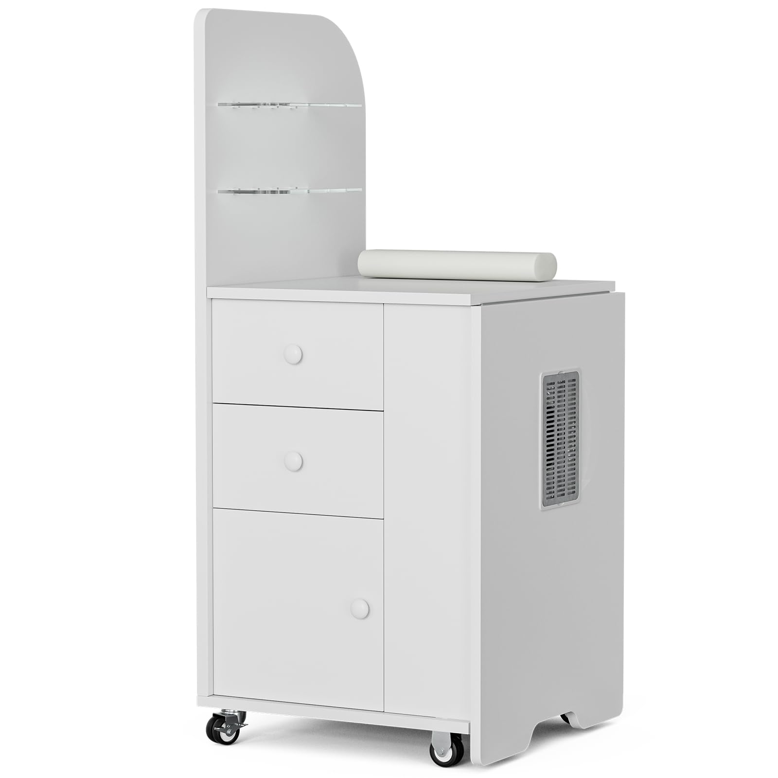 Foldable Nail Desk Manicure Table - Portable Nail Tech Station with Dust Collector, 2 Open Shelves & 2 Drawers, Wrist Cushion & Lockable Wheels - Perfect for Home Salon, Professional Nail Artists & Mobile Nail Technicians (White)