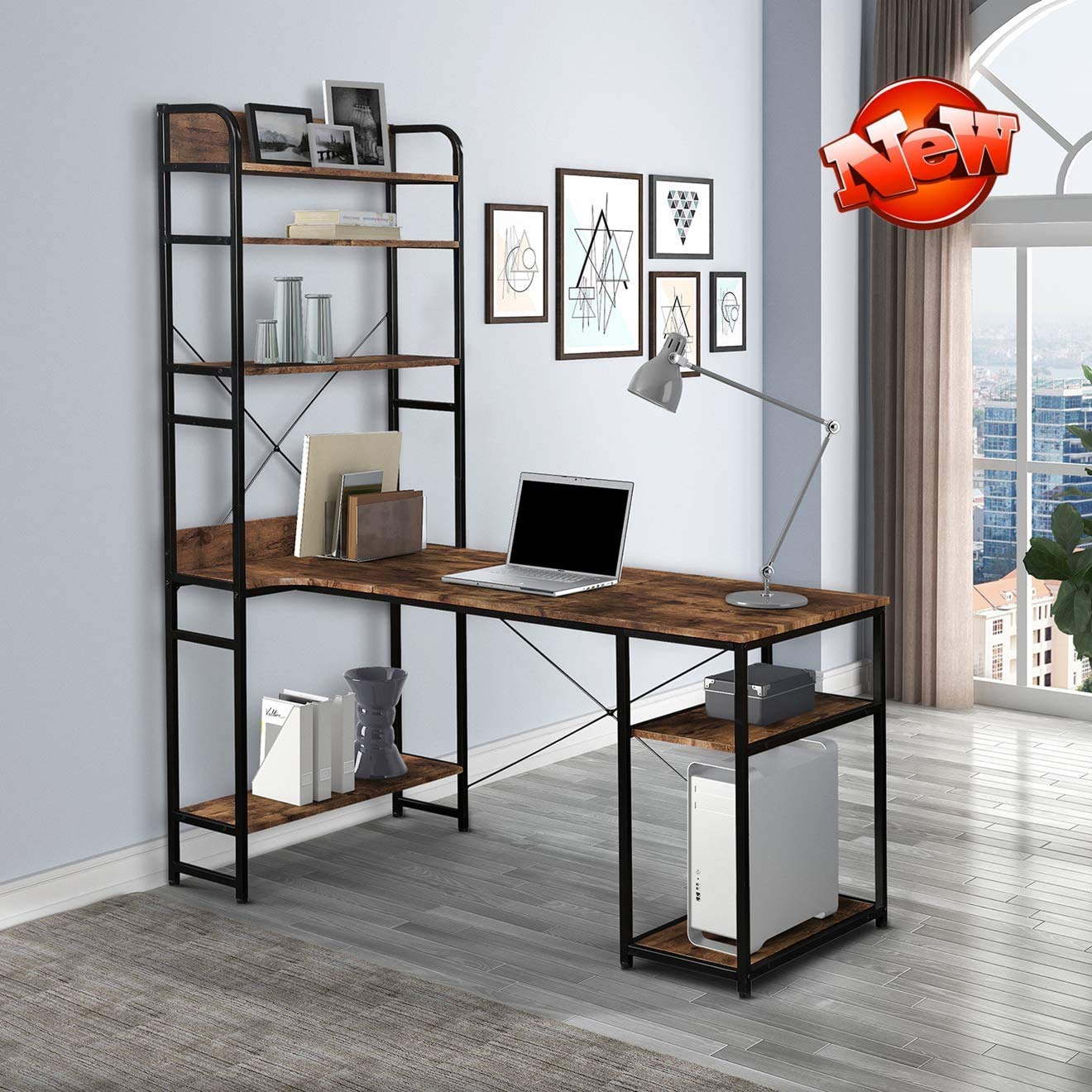 TYNAWYNW Sturdy Modern Office Computer Desk with Multiple Storage Shelves & Bookshelf - Large Home Office Desk for Study, Writing, Workstation - Durable Brown Wooden Workspace for Home Office & Remote Work